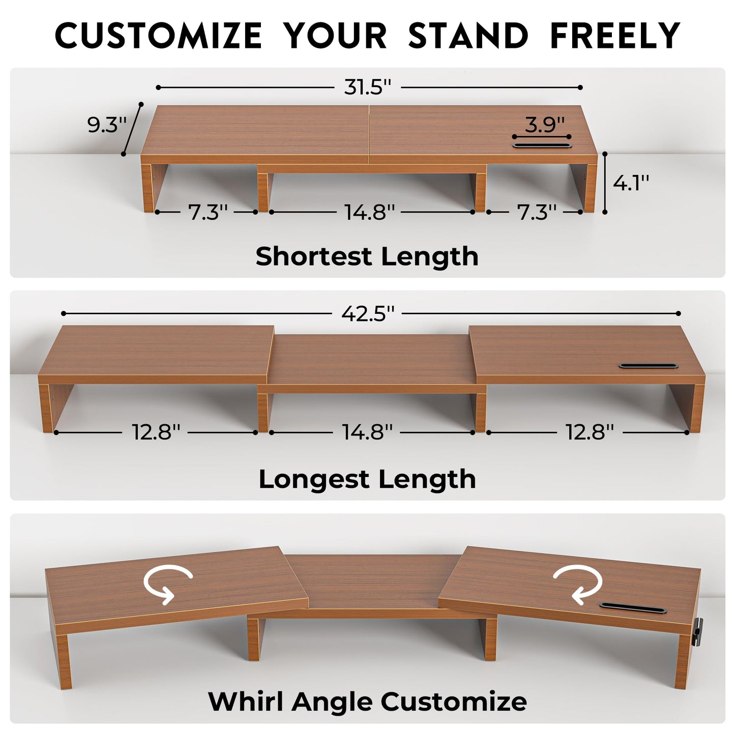 BONTEC Dual Monitor Stand Riser, Adjustable Length & Swivel Angle, Walnut