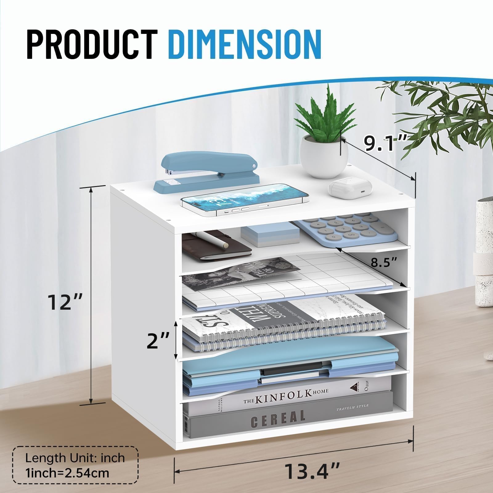 5-Tier Paper Organizer for Desk, Adjustable Mail Organizer, White