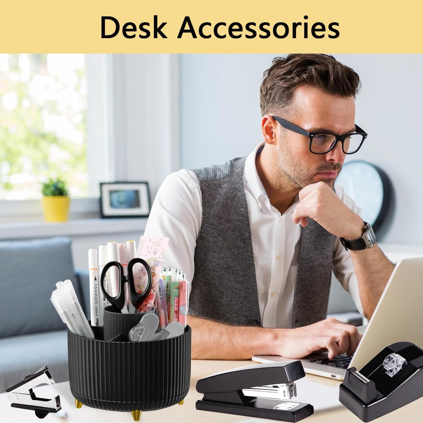 Office Supplies,Black Desk Accessories,Office Supplies Set,Desk Organizer,Stapler,Tape