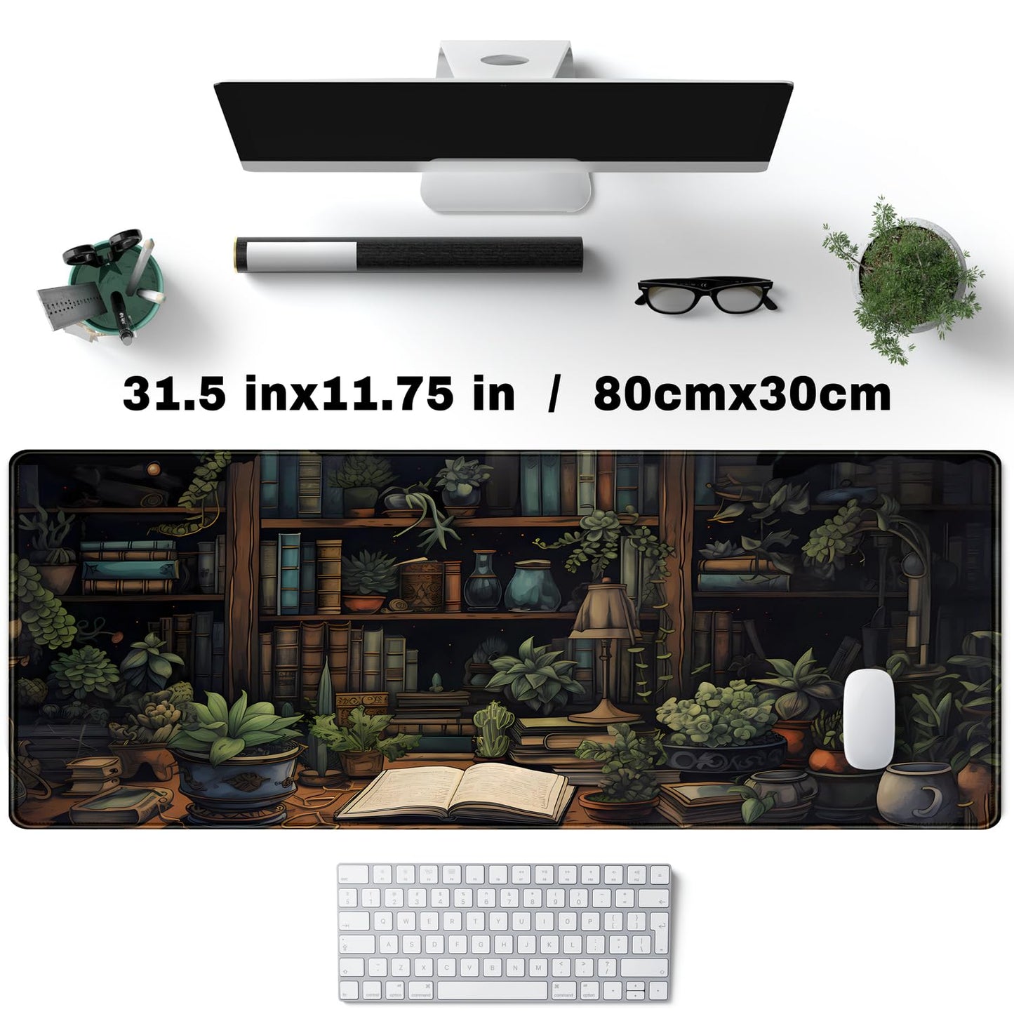 Desk Mat Green Bonsai Library Book Mouse Pad Big Vintage Aesthetic Desk Pad Flower Plant Extended