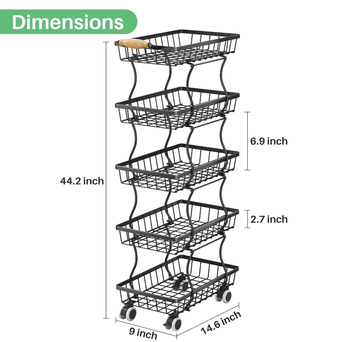 SAYZH 5-Tier Fruit Basket Stand with Vegetable Baskets for Kitchen, Black