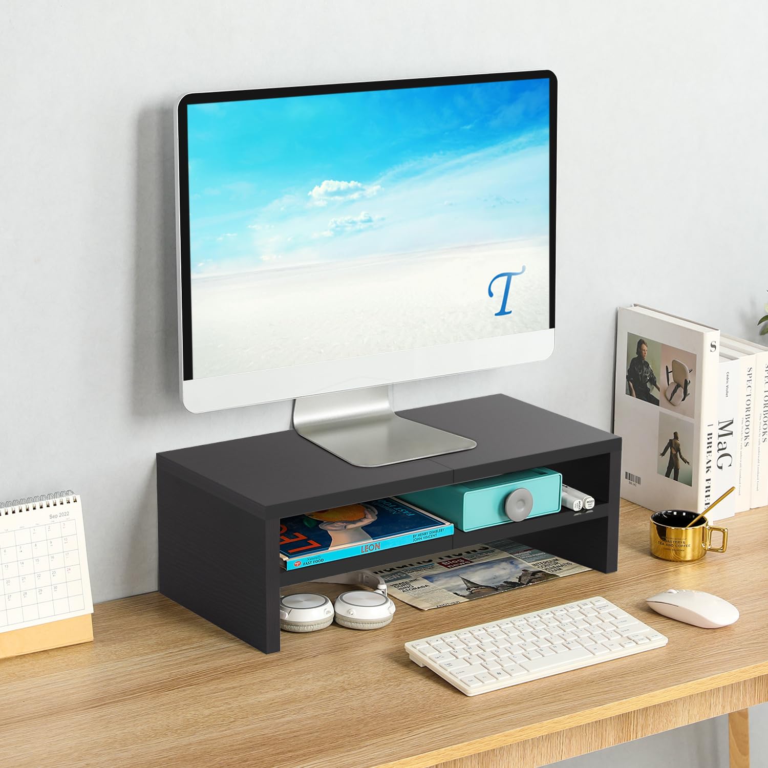 TEAMIX 20 inch Wood Monitor Riser Stand with Keyboard Storage，2 Tiers Black