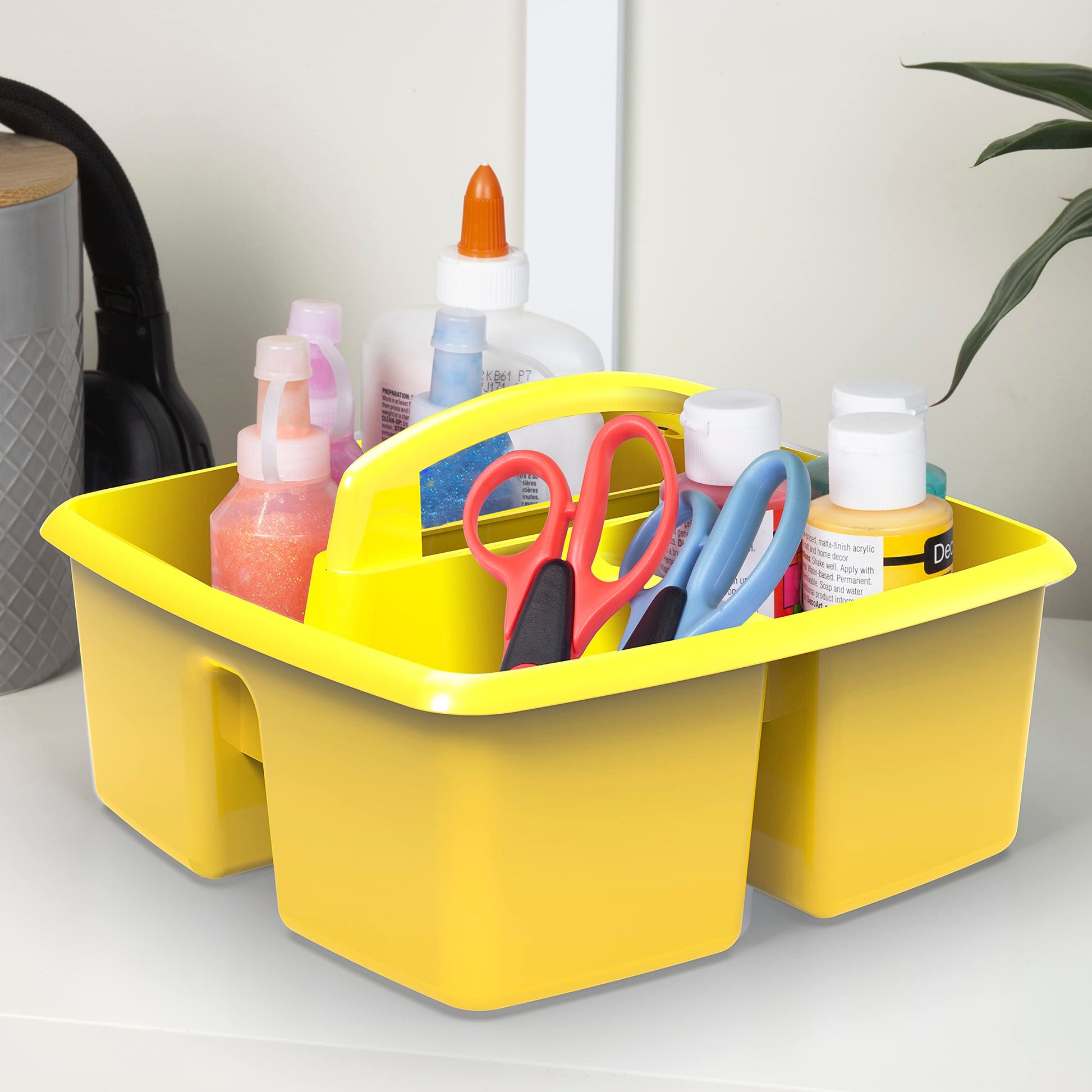 Storex 3-Compartment Small Caddy – Multipurpose Classroom Organizer with Handle, Yellow, 6-Pack