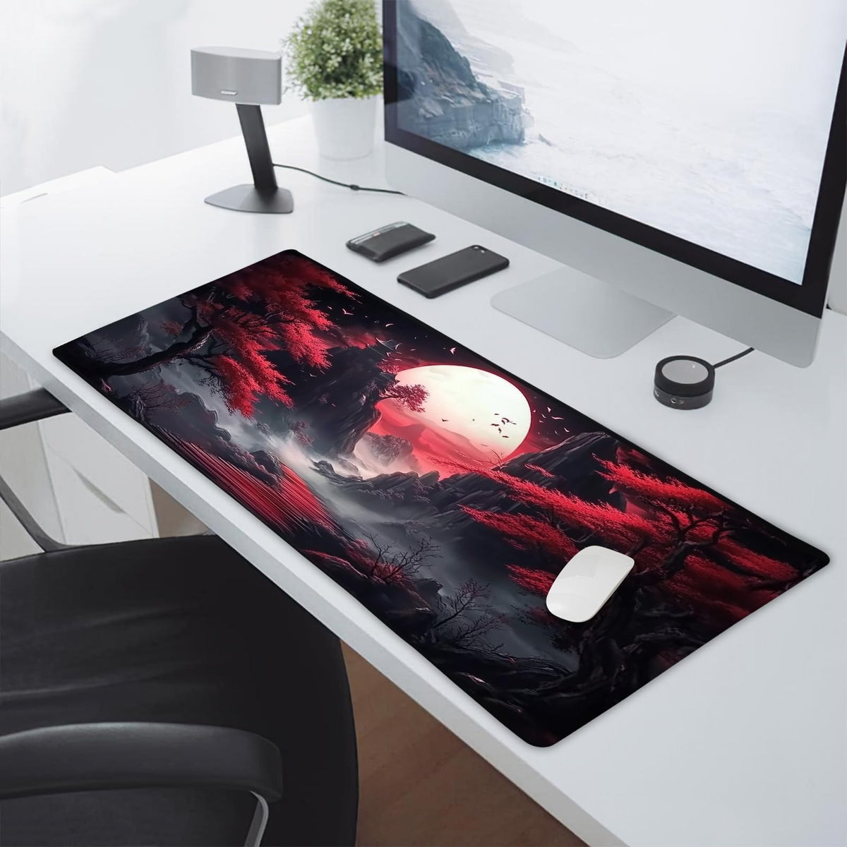 Black Red Japanese Mouse Pad XXL Moon Sakura Cherry BLoosm Tree Extended Table Mat 90X40 cm