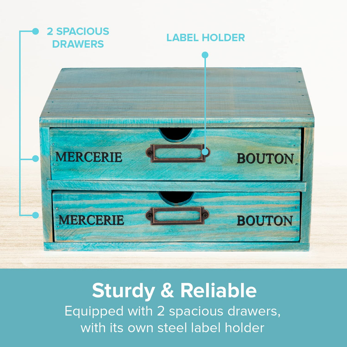 Turquoise 2-Tier Drawer Unit - European Country Style Desk Organizer Box - 9.7x7x5.1" Teal Wooden