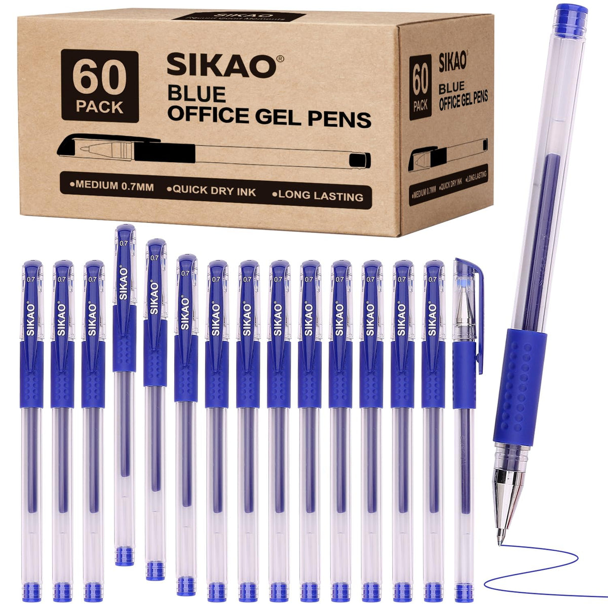 Sikao Blue Gel Pens Bulk, 60 Pack 0.7mm Fine Point Gel Ink Rollerball Pens, Smooth Quick-Dry Blue