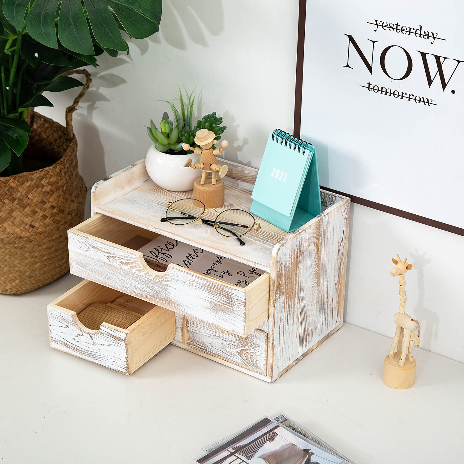 Rustic Distressed white 3-Tier Wood Desk Organizer with 3 Drawers Mini Storage Shelf For Desk