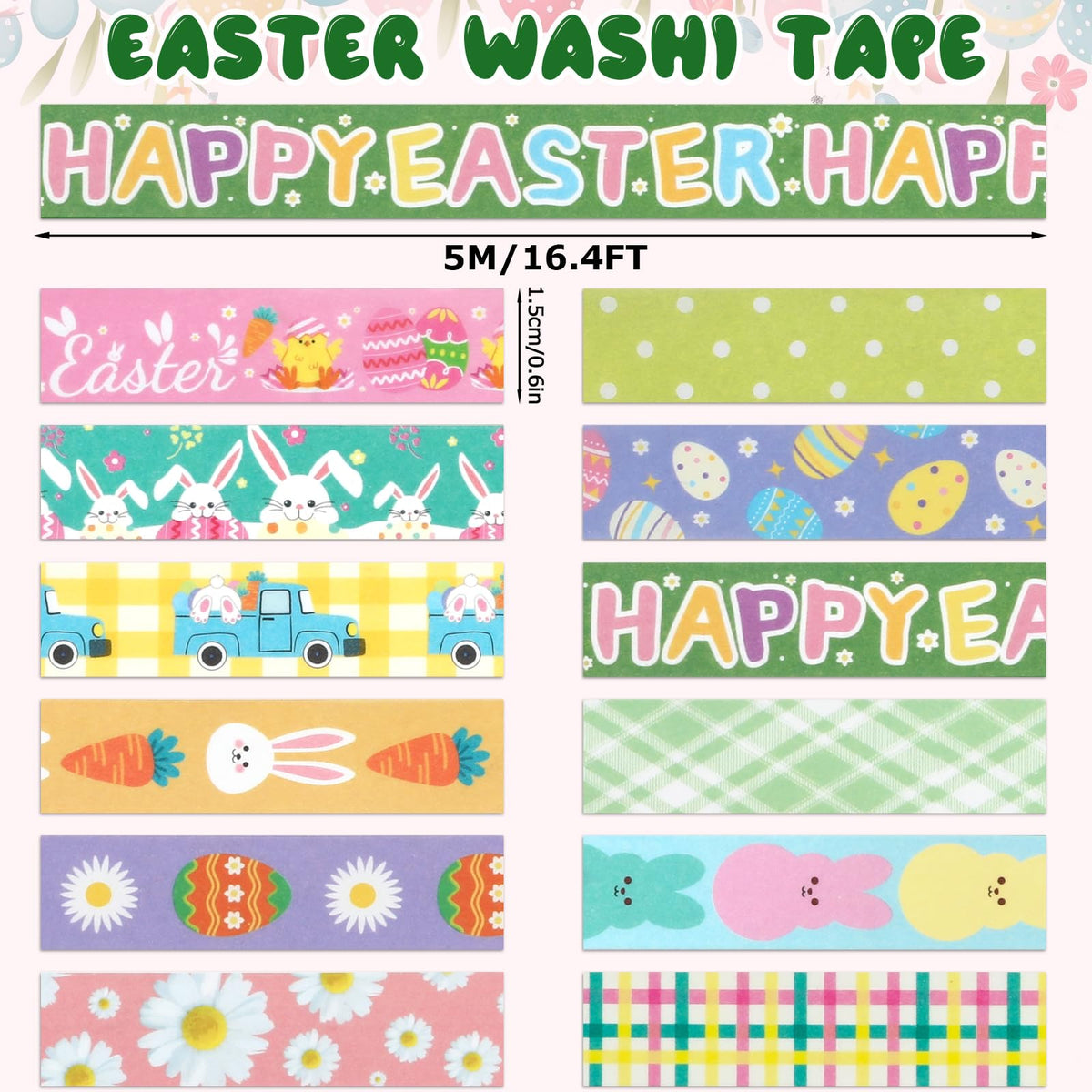 SANNIX 12 Rolls Easter Washi Tape 15mm Wide Rabbit Eggs Carrot Spring