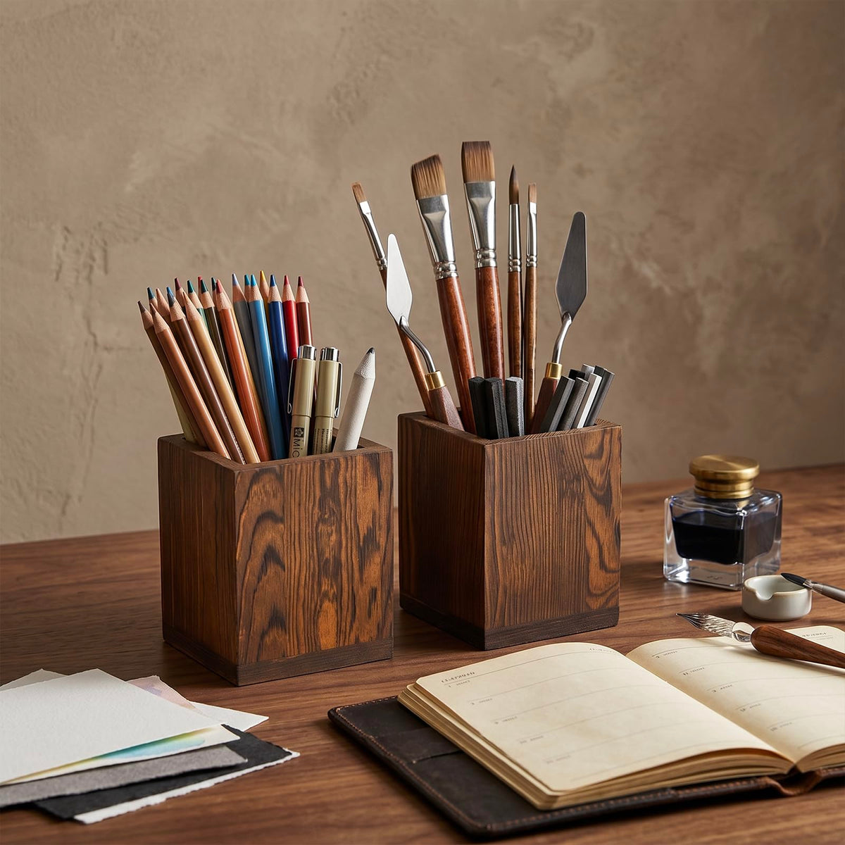 MyGift 2pc Natural Wood Pen Holder Pencil Cup, Desktop Organizer