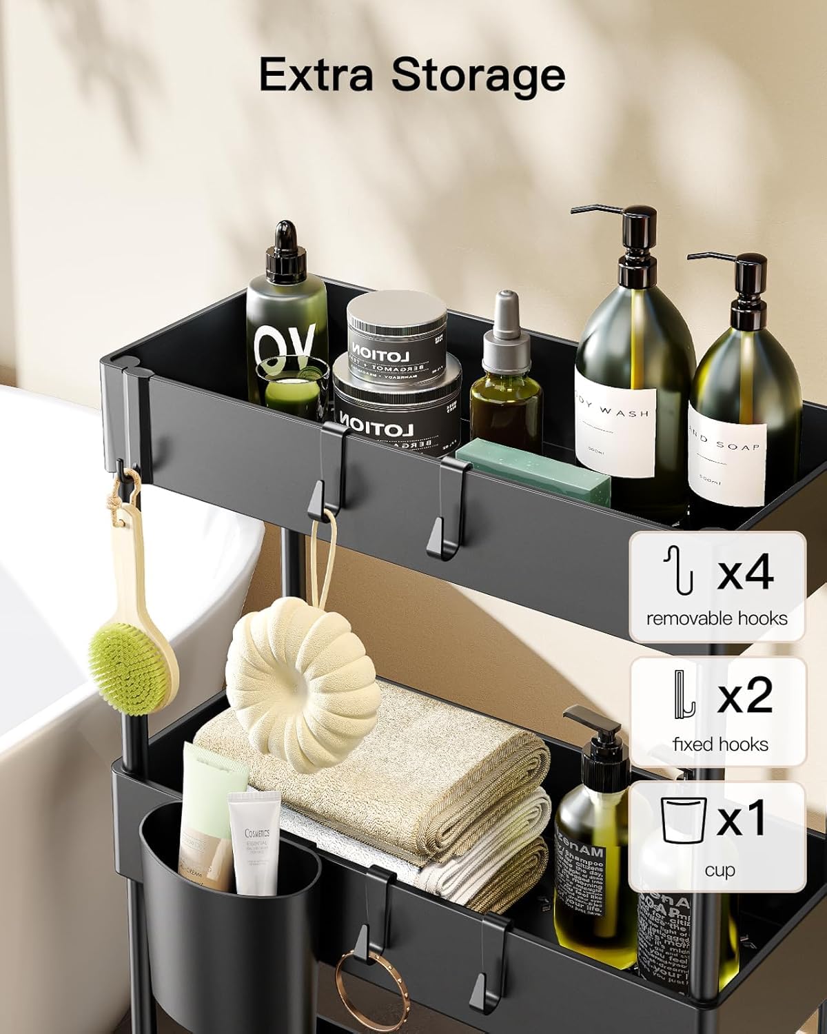 Pipishell 3 Tier Bathroom Storage Cart, Slim Storage Cart with Wheels,Black