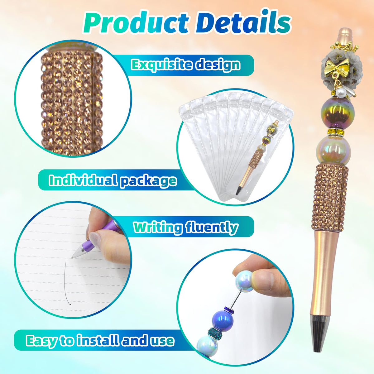 DASTTUIS 150 Pcs DIY Diamond Beadable Pen Kit - 50 Plastic Rhinestone Beaded Pens Bulk with Refills