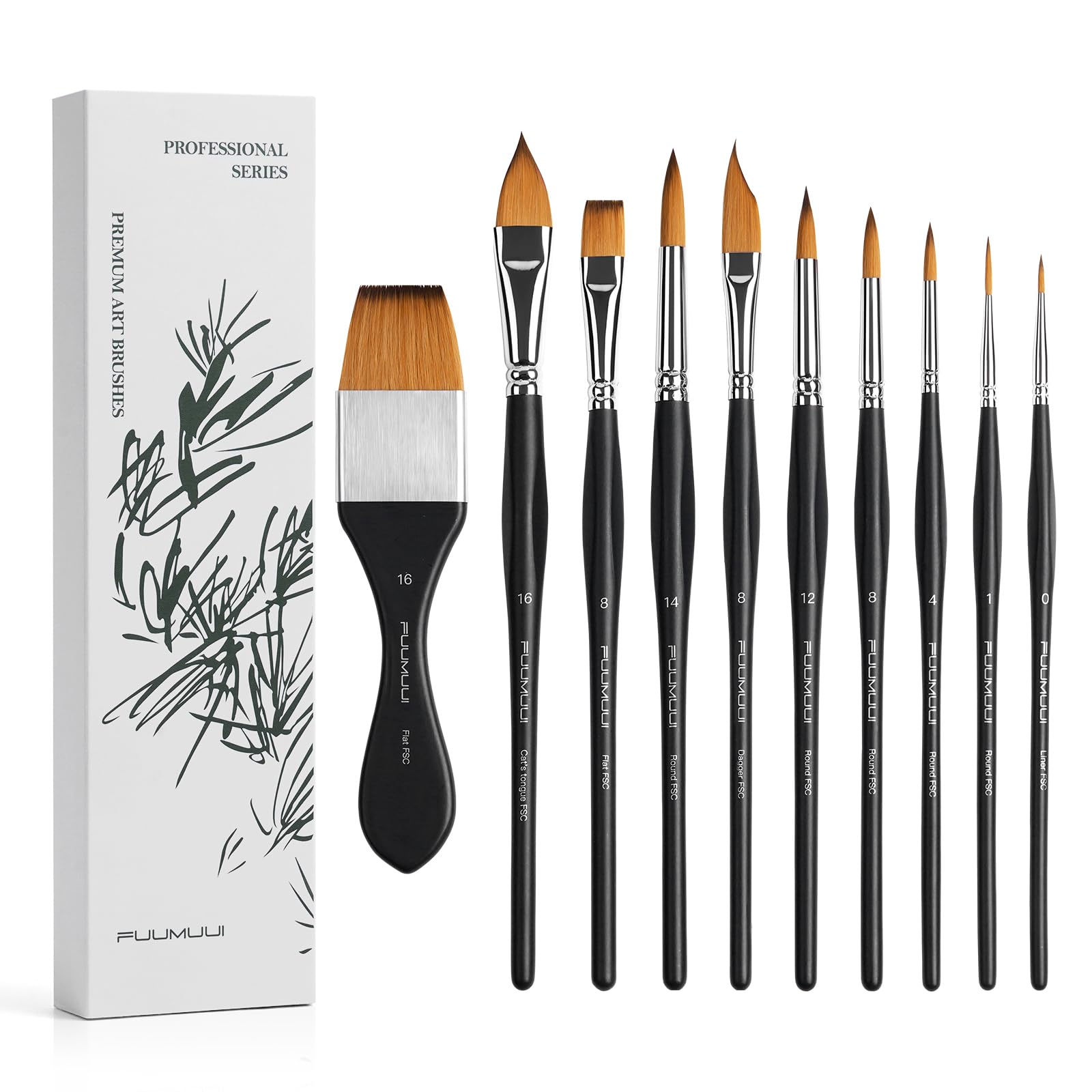 Fuumuui Watercolor Paint Brushes, Professional 10Pcs Synthetic Sable Water Color Brushes for Adult