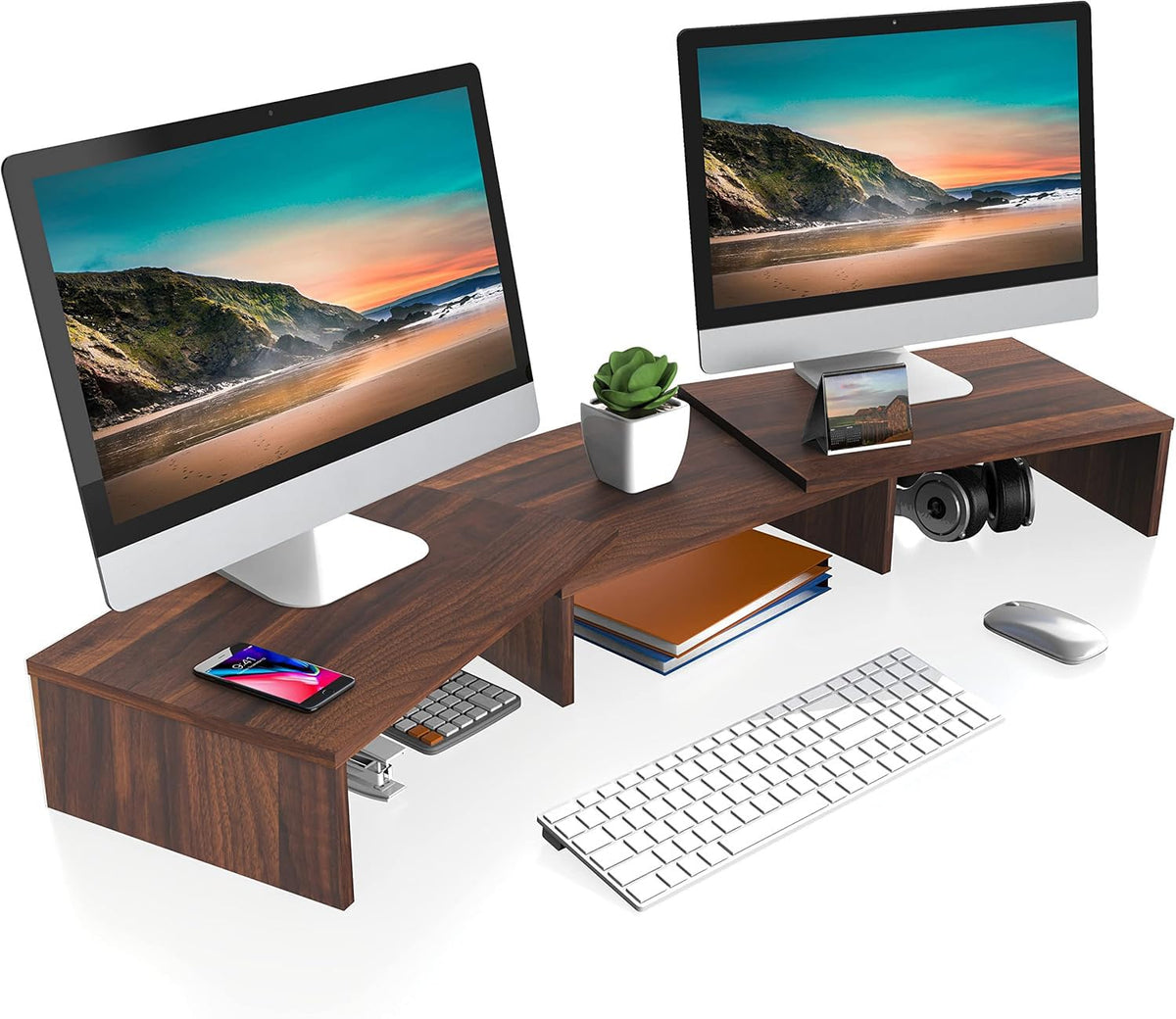 FITUEYES Dual Monitor Stand Riser, Adjustable Length and Angle, Brown