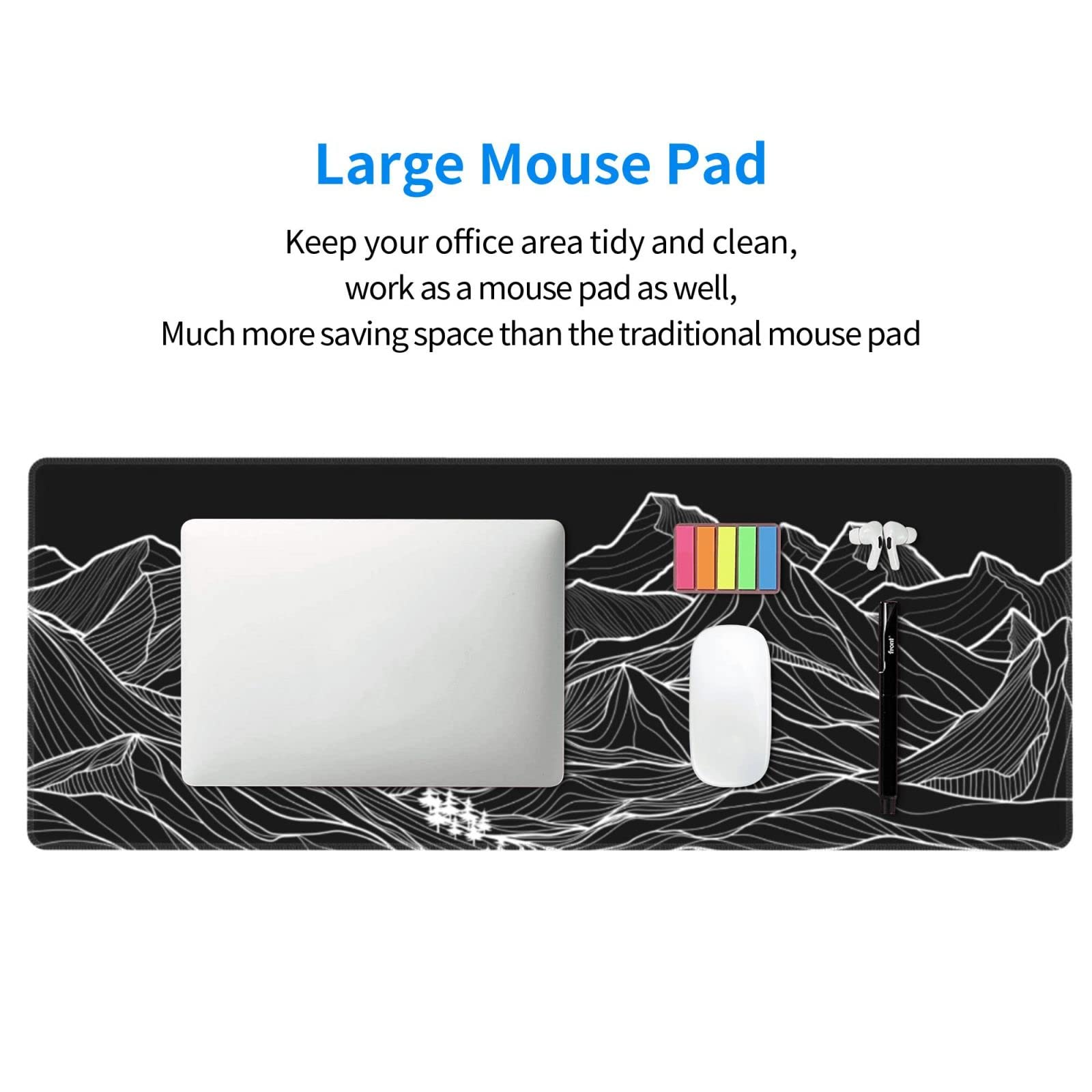 Abstract Mountain Black White XXL XL Large Gaming Mouse Pad for Desk, Non-Slip Long Extended