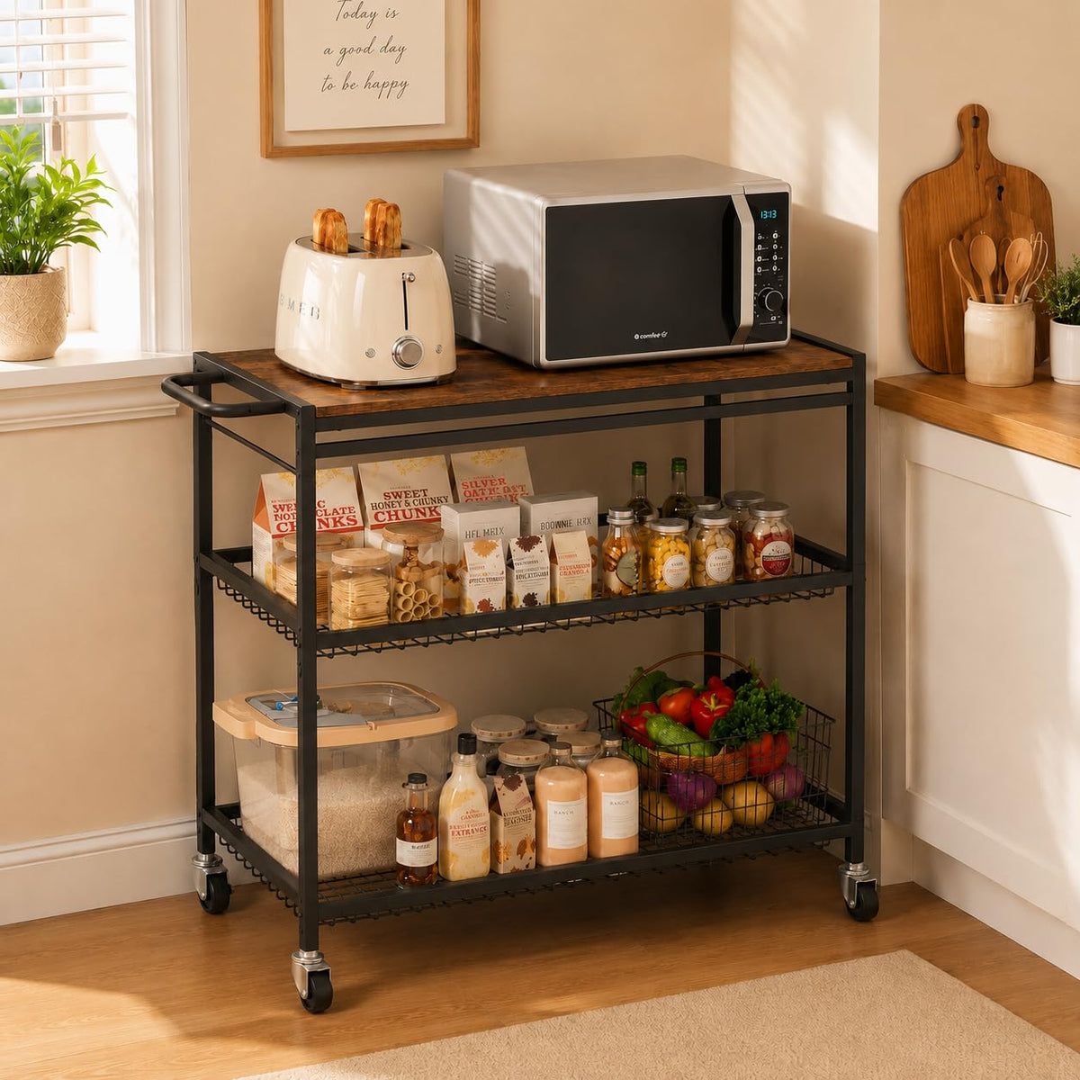Microwave Kitchen Cart – 3 Tier Rolling Kitchen Utility Cart for Microwave Table Stand, Coffee