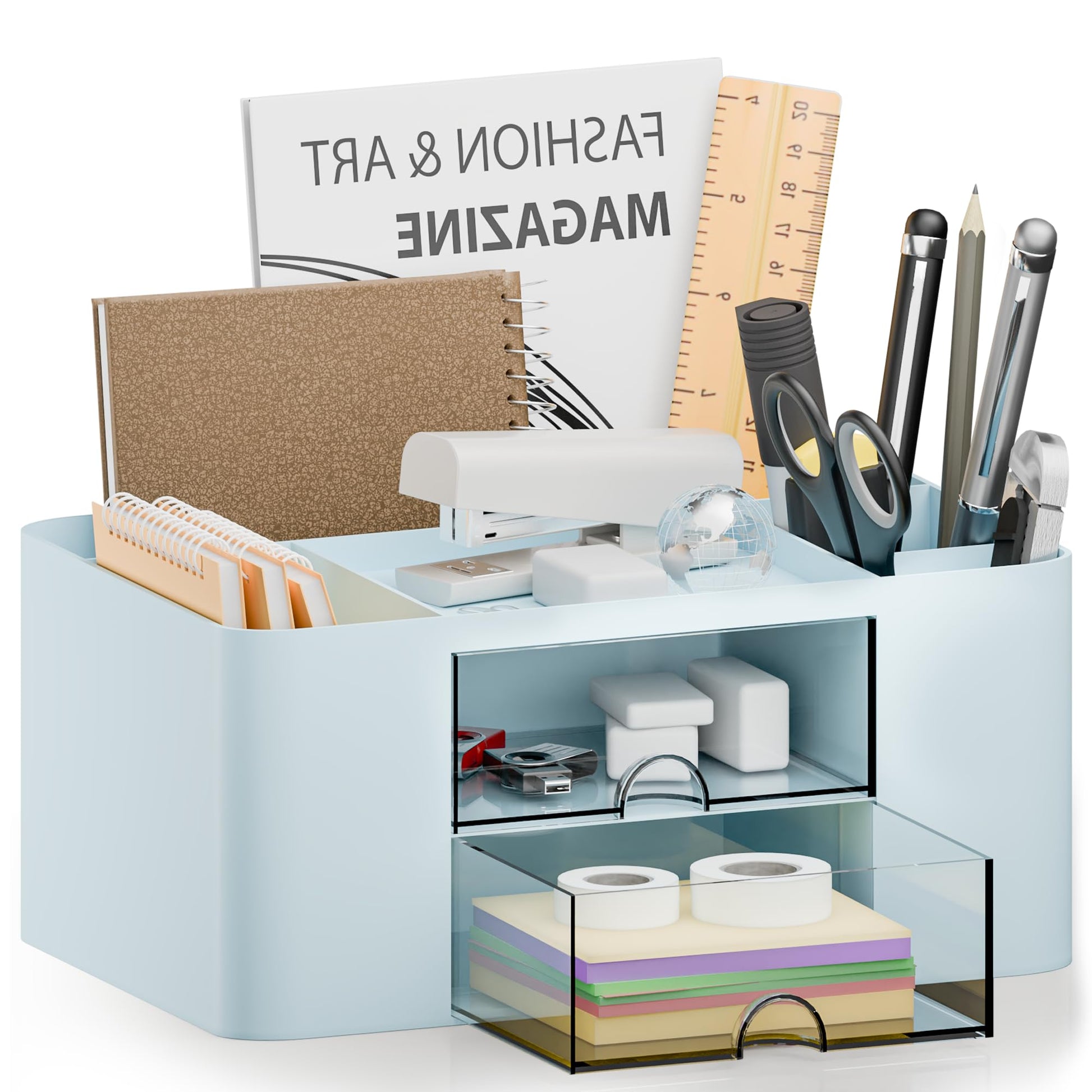 CasaCulina Desk Organizer with 2 Drawer, Multi-Functional Pencil Pen Holder, Plastic Desk