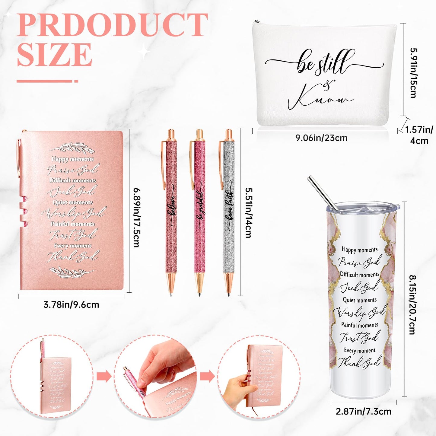Domensi 6 Pcs Christian Gifts Set, 20 oz Tumbler Notepad Pens, Rose Pink