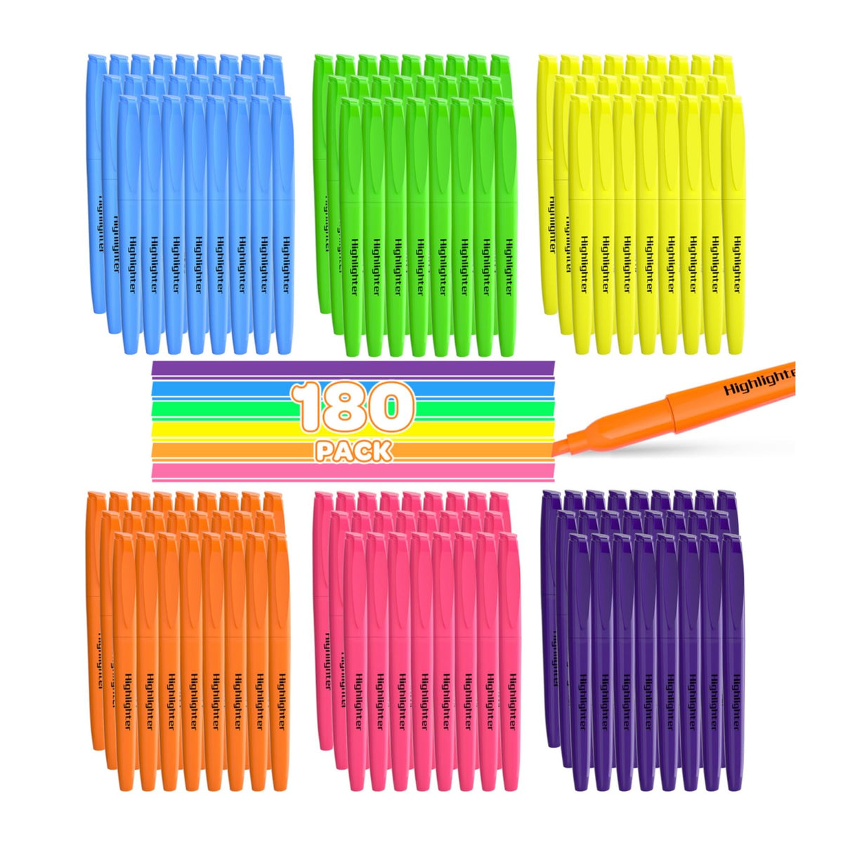 JSDOOGOO 180 Pack Highlighters Assorted Colors Bulk - Chisel Tip No Bleed Dry-Quickly Markers Set