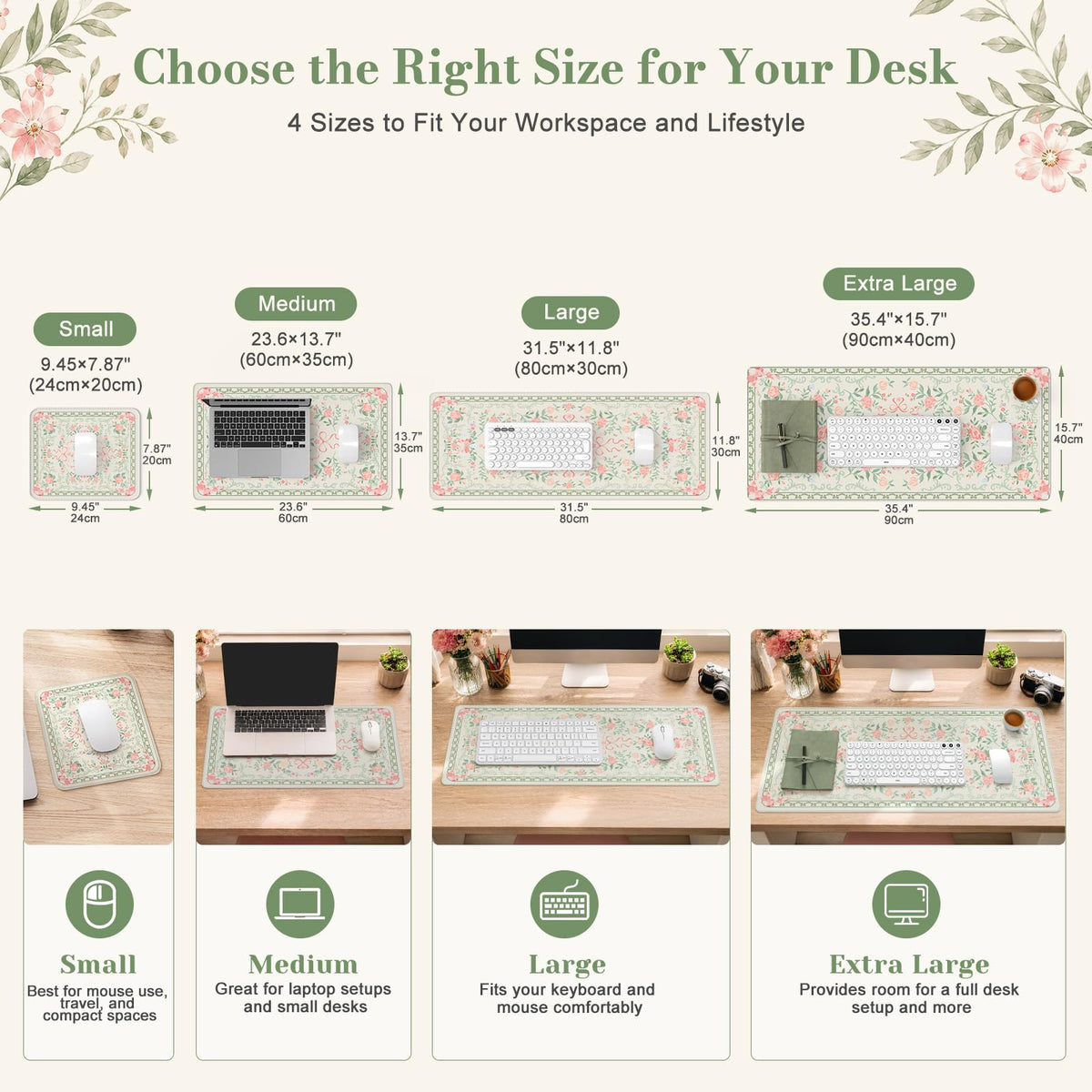 HAOCOO Cute Green Floral Computer Pad, 31.5" x 11.8" Deskmat for Home Decor