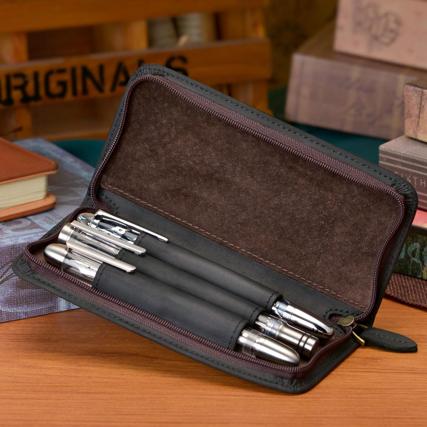 Fountain Pen Case 3 Divided Slots Crazy Horse Leather Pen Holder, Handmade Display Zippered Pouch