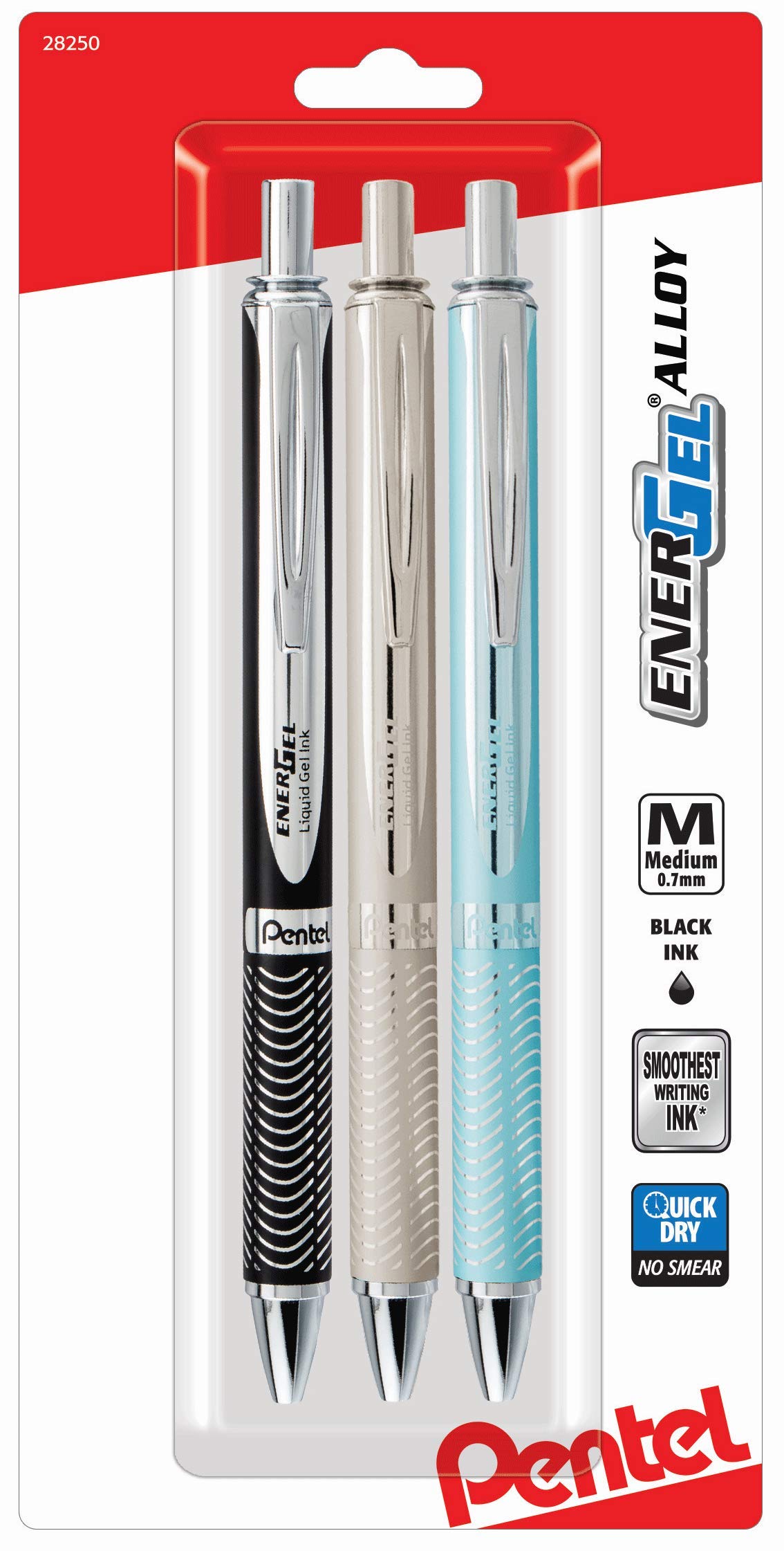 Pentel Energel 0.7mm Alloy Rt Retractable Gel Ink Pens - Pack of 3 - Black, Silver and Aquamarine