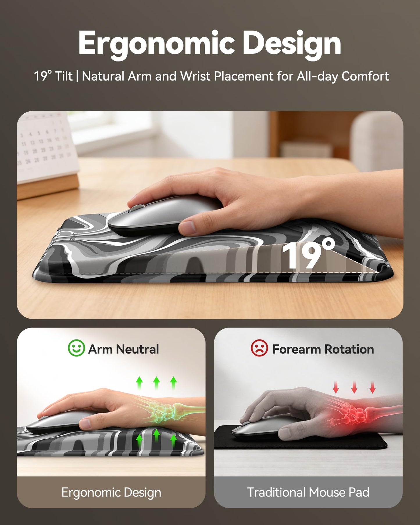 TECKNET Ergonomic Mouse Pad with Wrist Rest, All-Day Comfort & Pain Reliefv