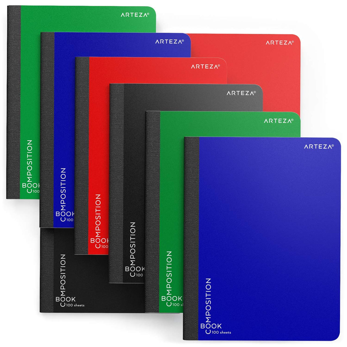 Arteza Composition Books, Wide Ruled, 100 Sheets, 4 Colors, 9.75x7.5-inch, Double Sided for
