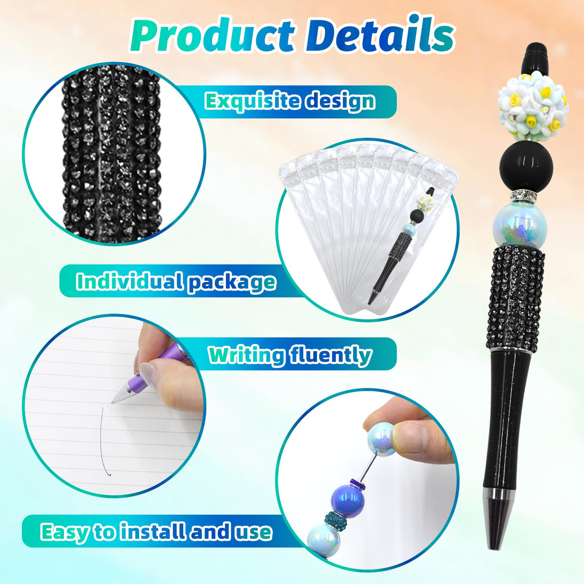 DASTTUIS 75 Pcs DIY Diamond Beadable Pen Kit - 25 Plastic Rhinestone Beaded Pens Bulk with Refills