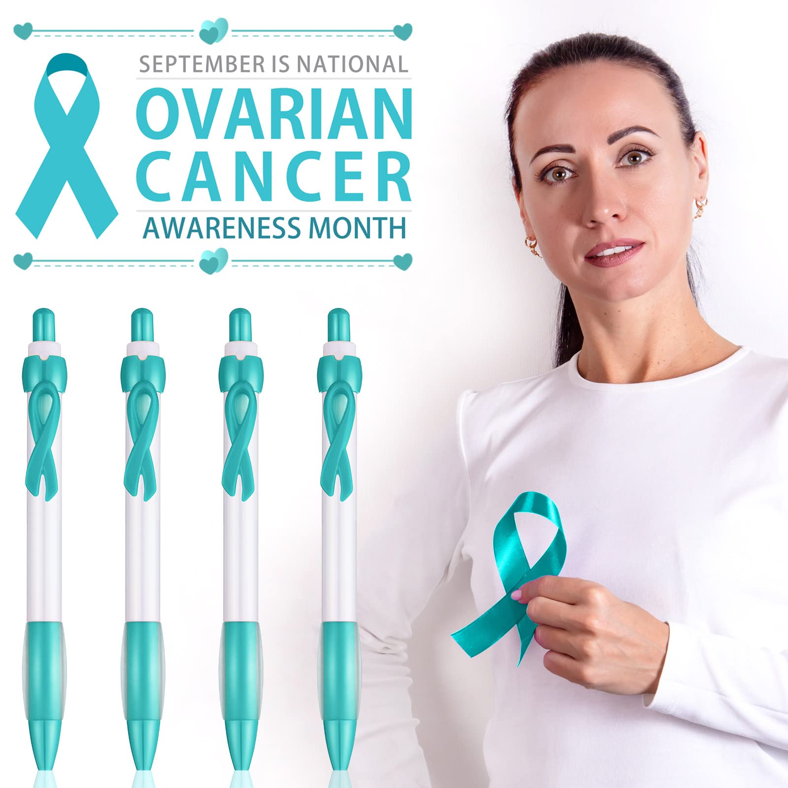 Yexiya 100 Pcs Ovarian Cancer Awareness Pen Teal Ribbon Pen Bulk, Black Ink