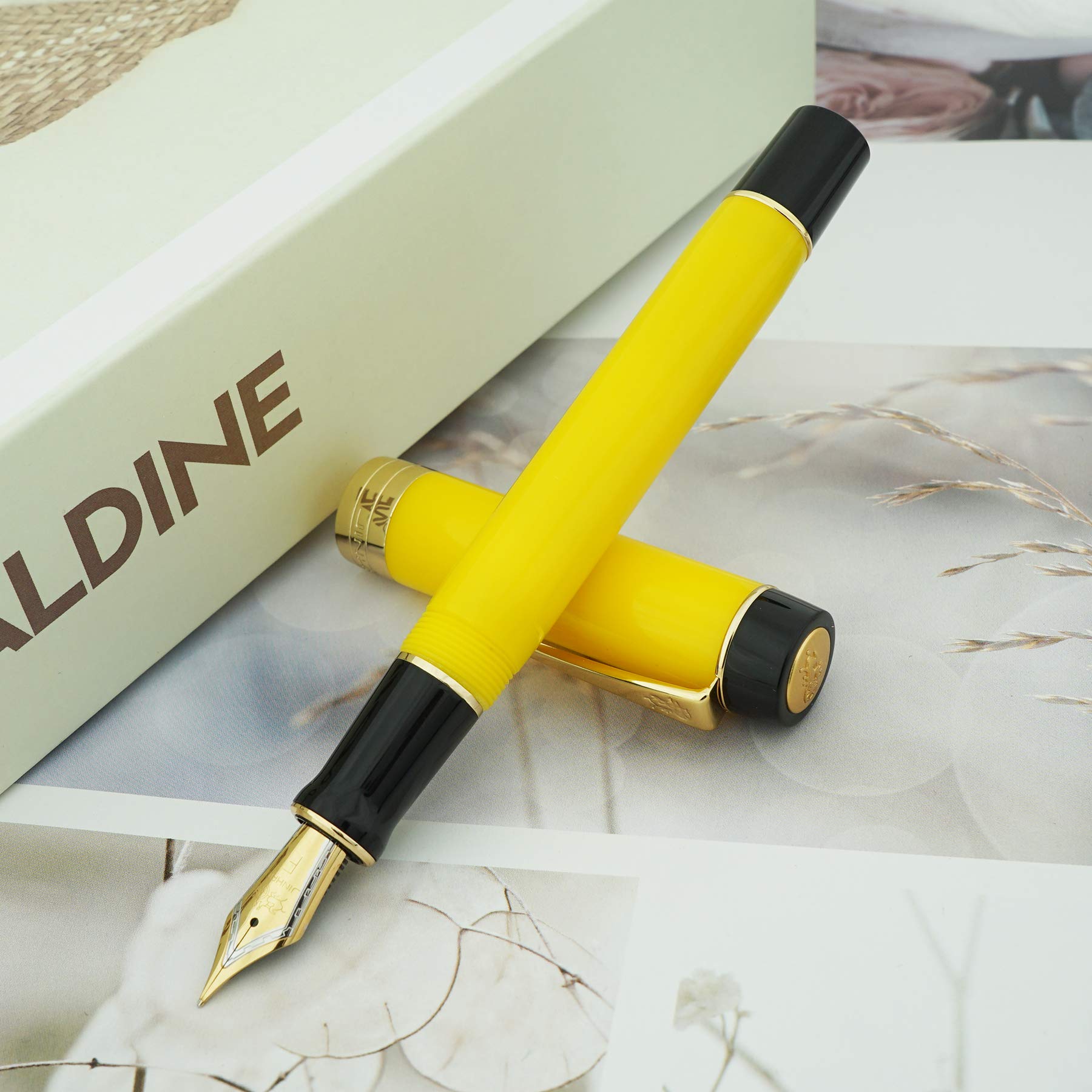 Jinhao Classic Fountain Pen Yellow Celluloid Acrylic Gold Trim, Extra Fine Nib with Conveter and