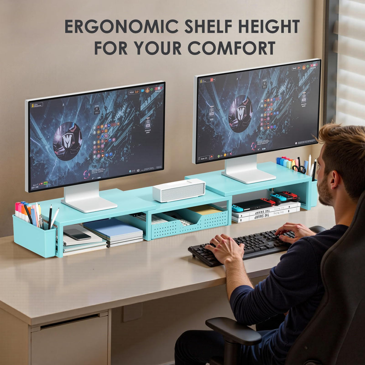 Desk Organizers and Accessories, Dual Monitor Stand Riser with Drawer and 2 Pen Holders, Desk Shelf