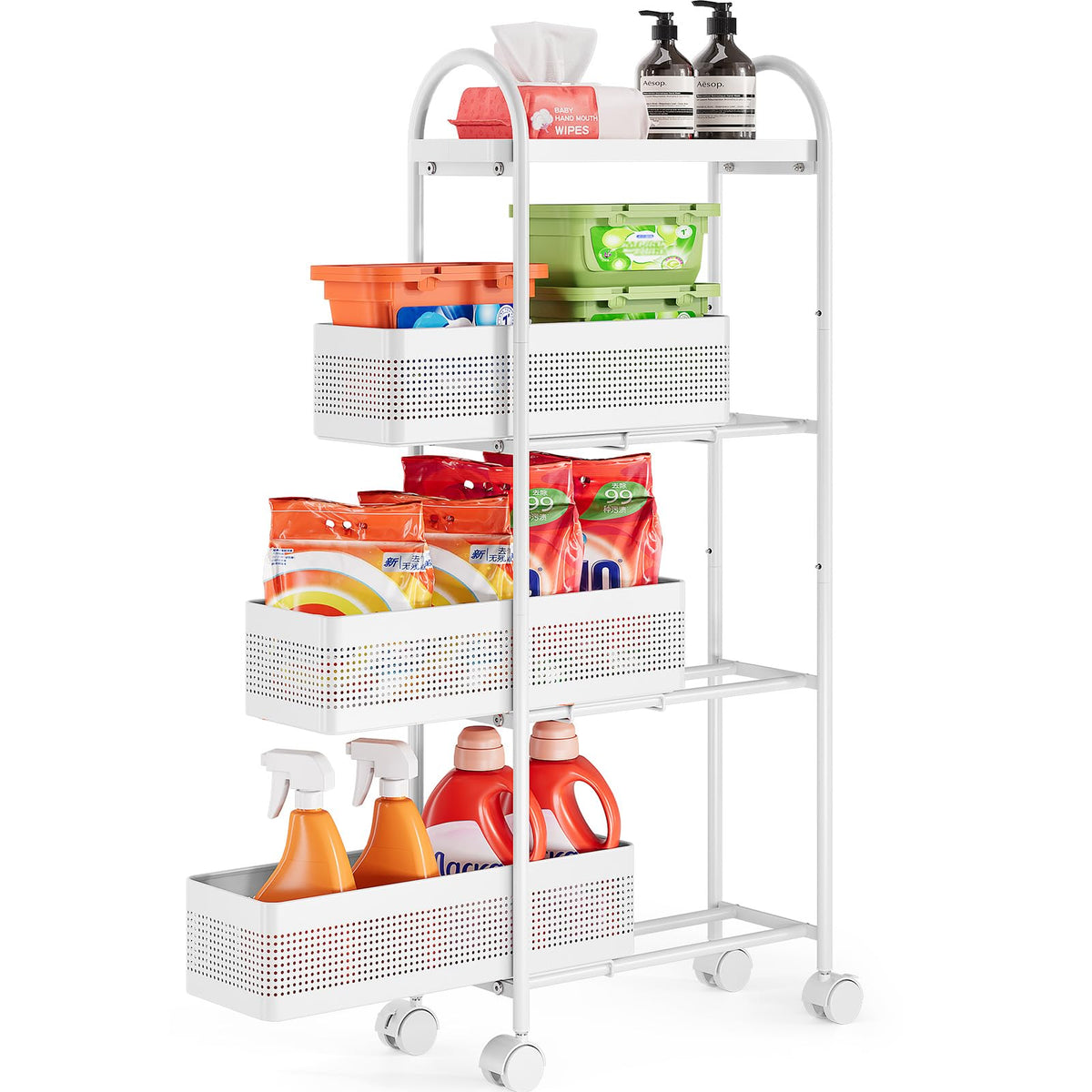 KINGRACK 4 Tier Slim Rolling Cart with Drawer, Metal Utility Storage Cart
