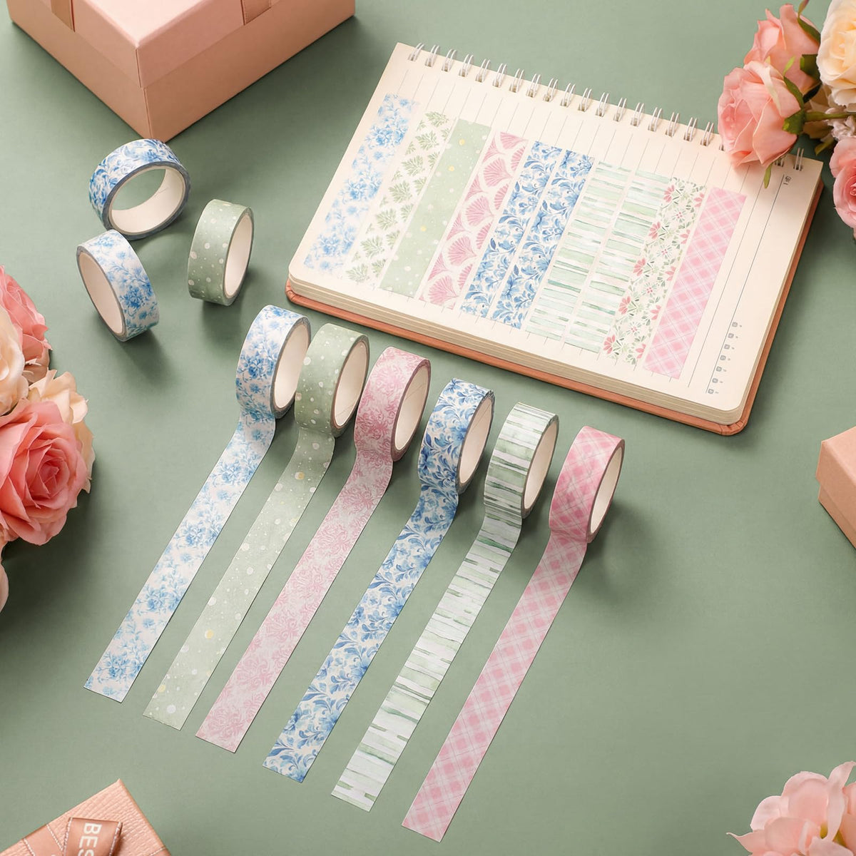 YooNotee 12 Rolls Floral Washi Tape Set,Pink,Blue and Green,Garden