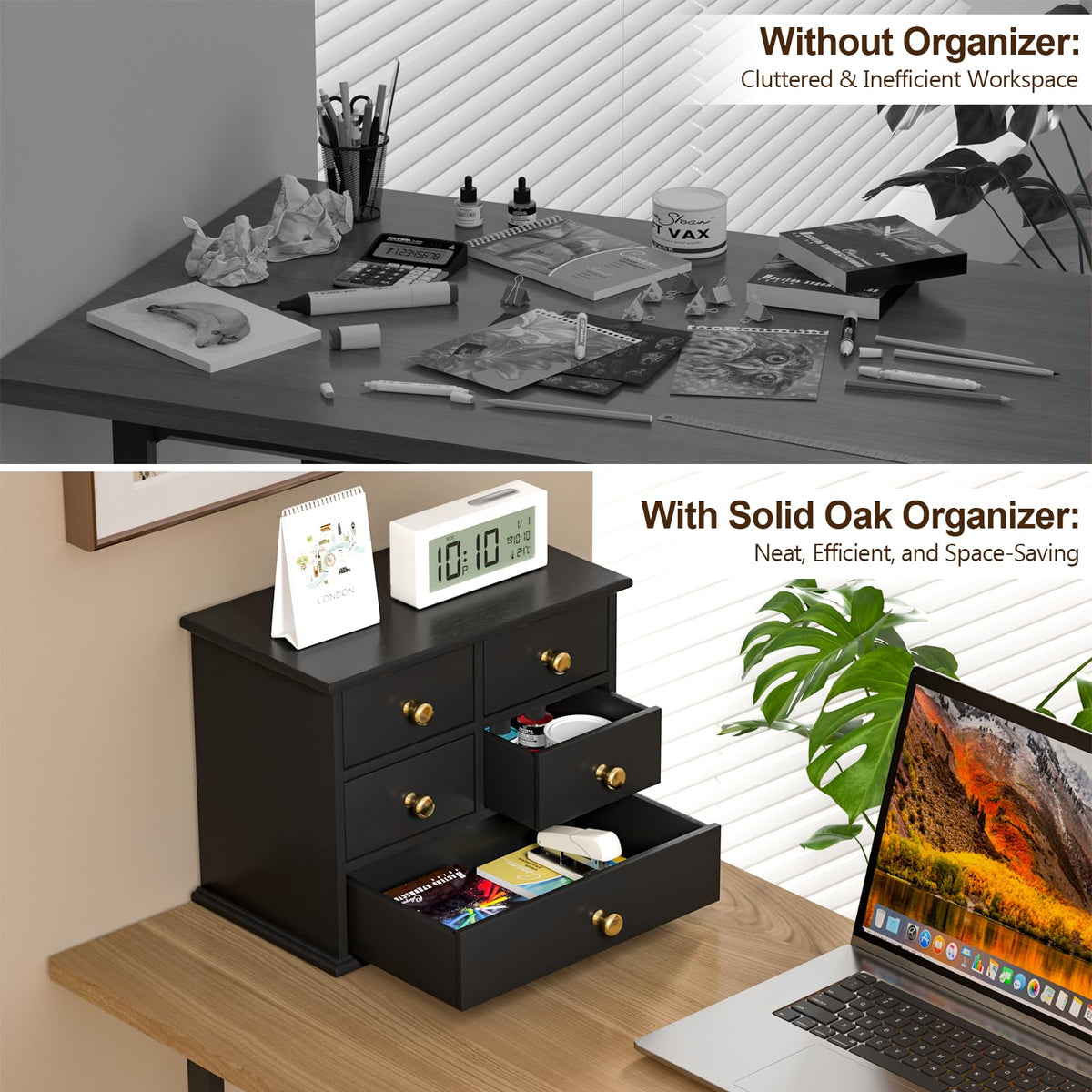 Oak Desk Organizer with Drawers, Durable Wooden Desktop Storage Box