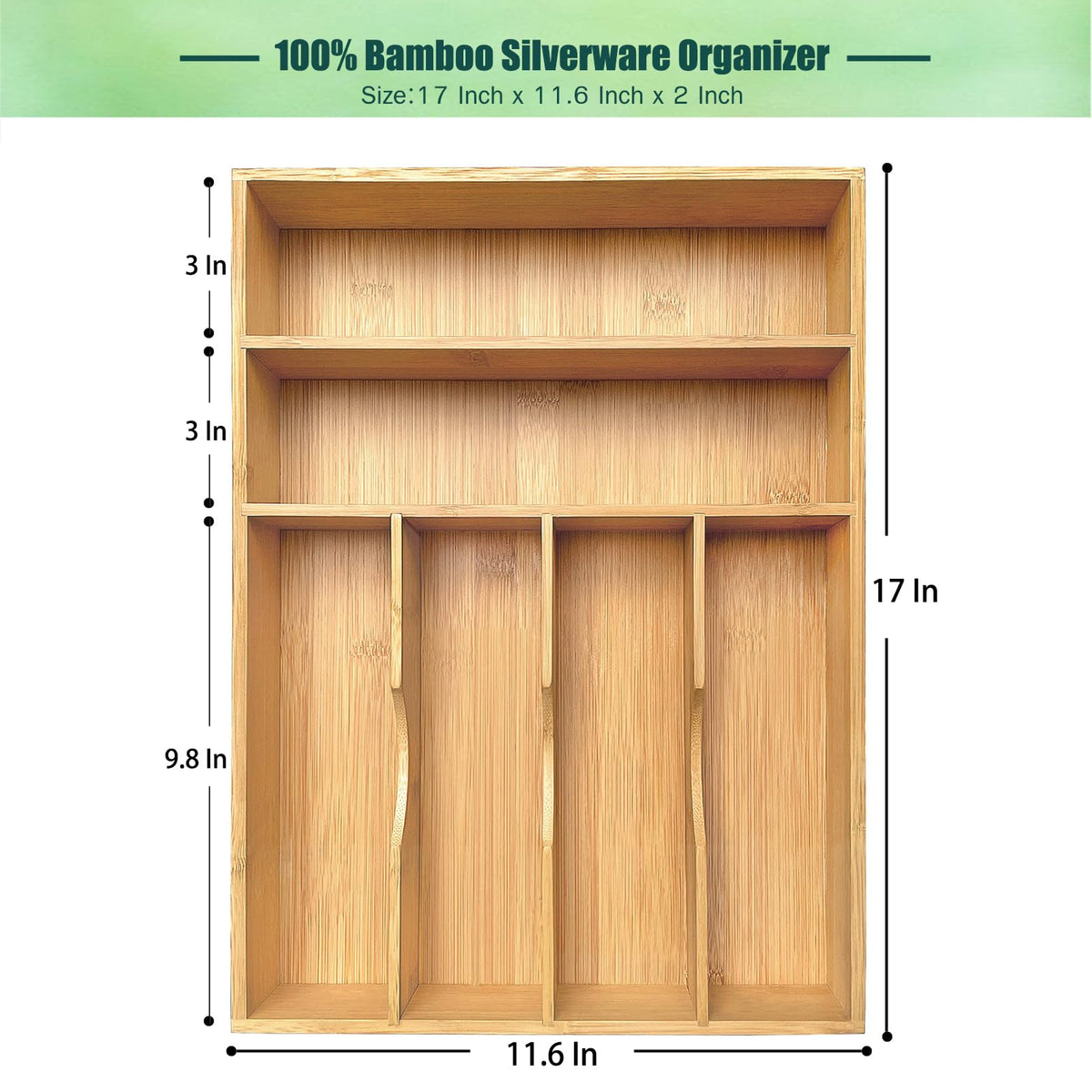 guiogc Bamboo Kitchen Drawer Organizer, 11.6" W x 17" H Silverware Utensil Tray Holder, Wood