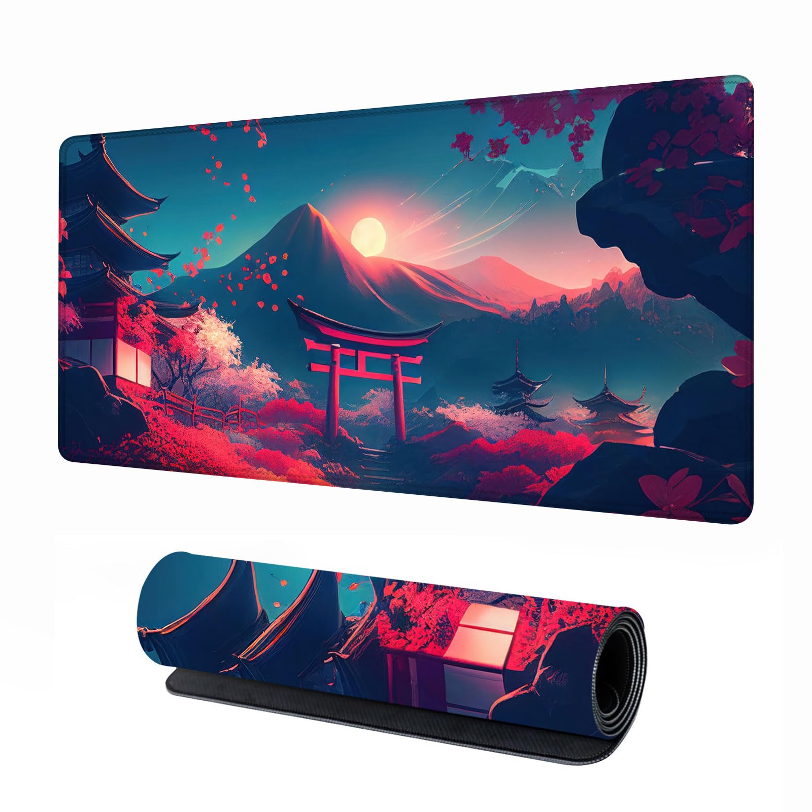 Japanese Mouse Mat, Large Extended Gaming Mouse Pad with Stitched Edges, Non-Slip Waterproof Rubber