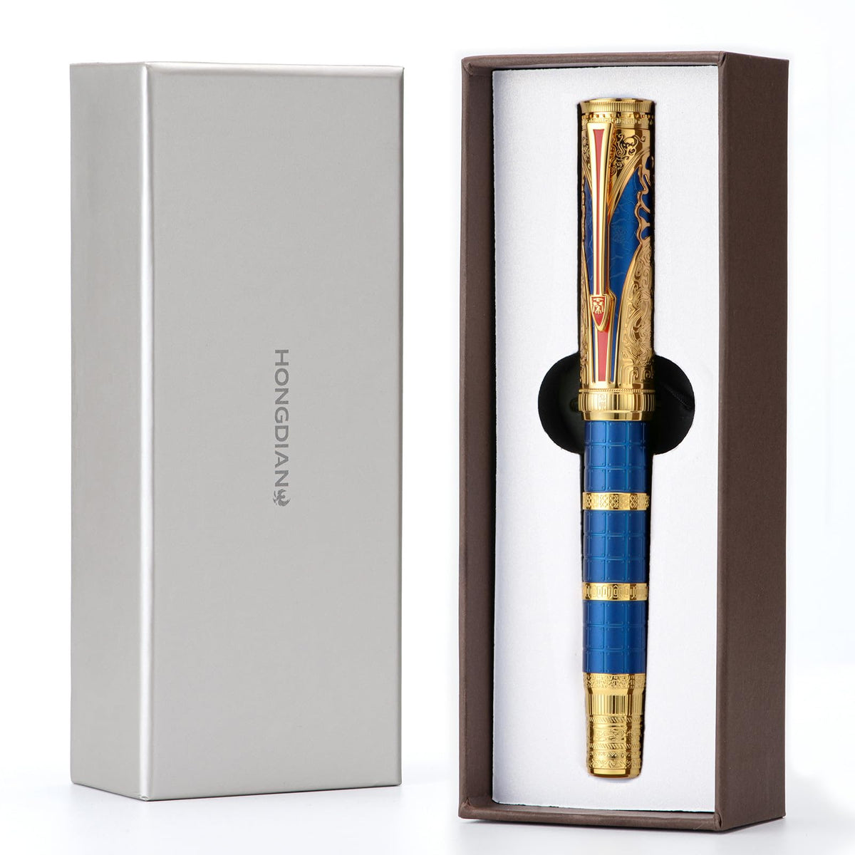 HONG DIAN D5 Qin Dynasty Fountain Pen Blue Gold, Fine Nib Piston Filling Pen, Retro Chinese Totem