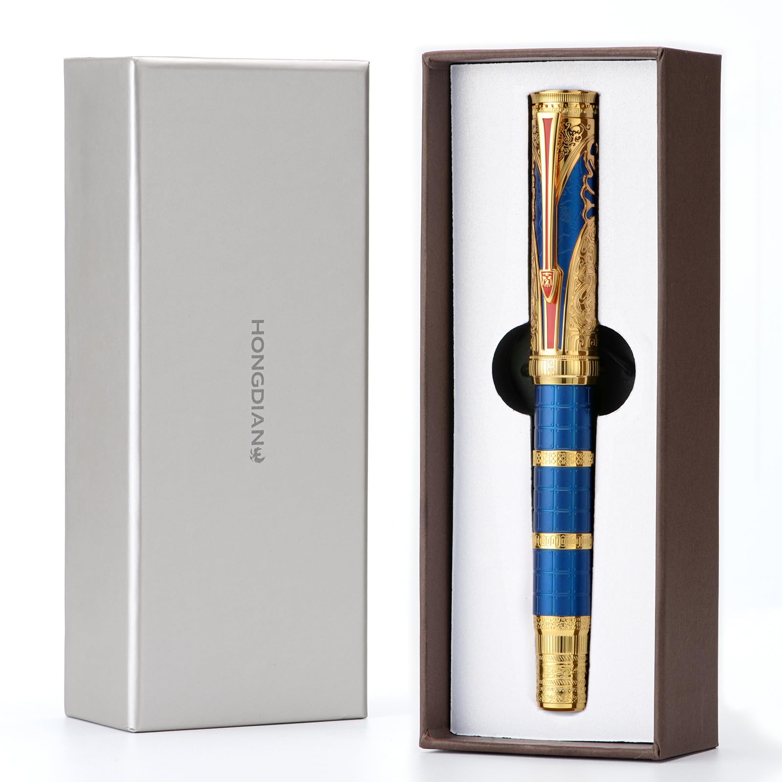 HONG DIAN D5 Qin Dynasty Fountain Pen Blue Gold, Fine Nib Piston Filling Pen, Retro Chinese Totem
