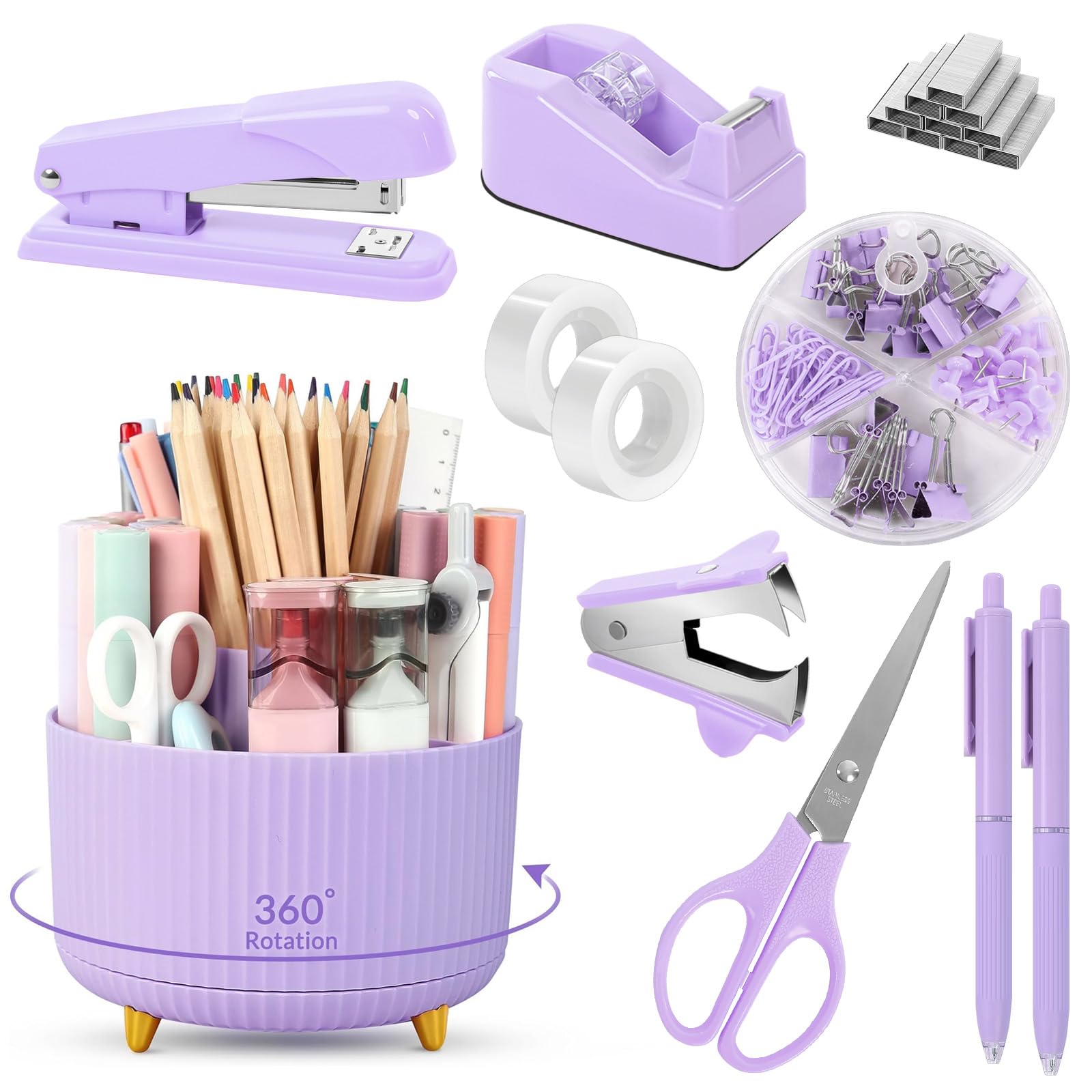 SKYDUE Purple Office Supplies Set with Pencil Holder for Desk,11 PCS