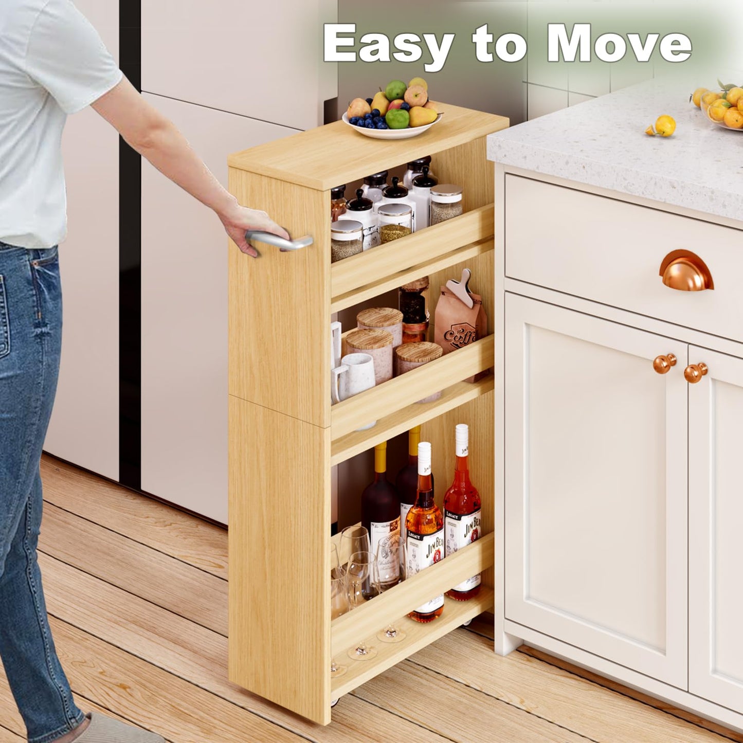 MARTY Slim Rolling Storage Cart, Wood Utility Kitchen Bathroom Laundry Cart