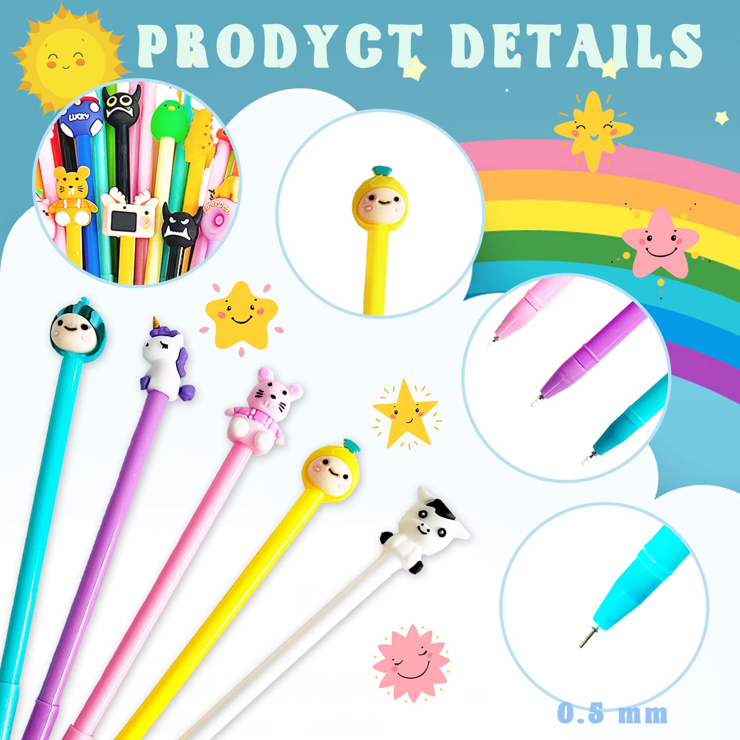 Muiyaneq 70 Pieces Cute Cartoon Gel Black Ink Pens,Random Novelty Kawaii Pens,Cool Assorted Styles