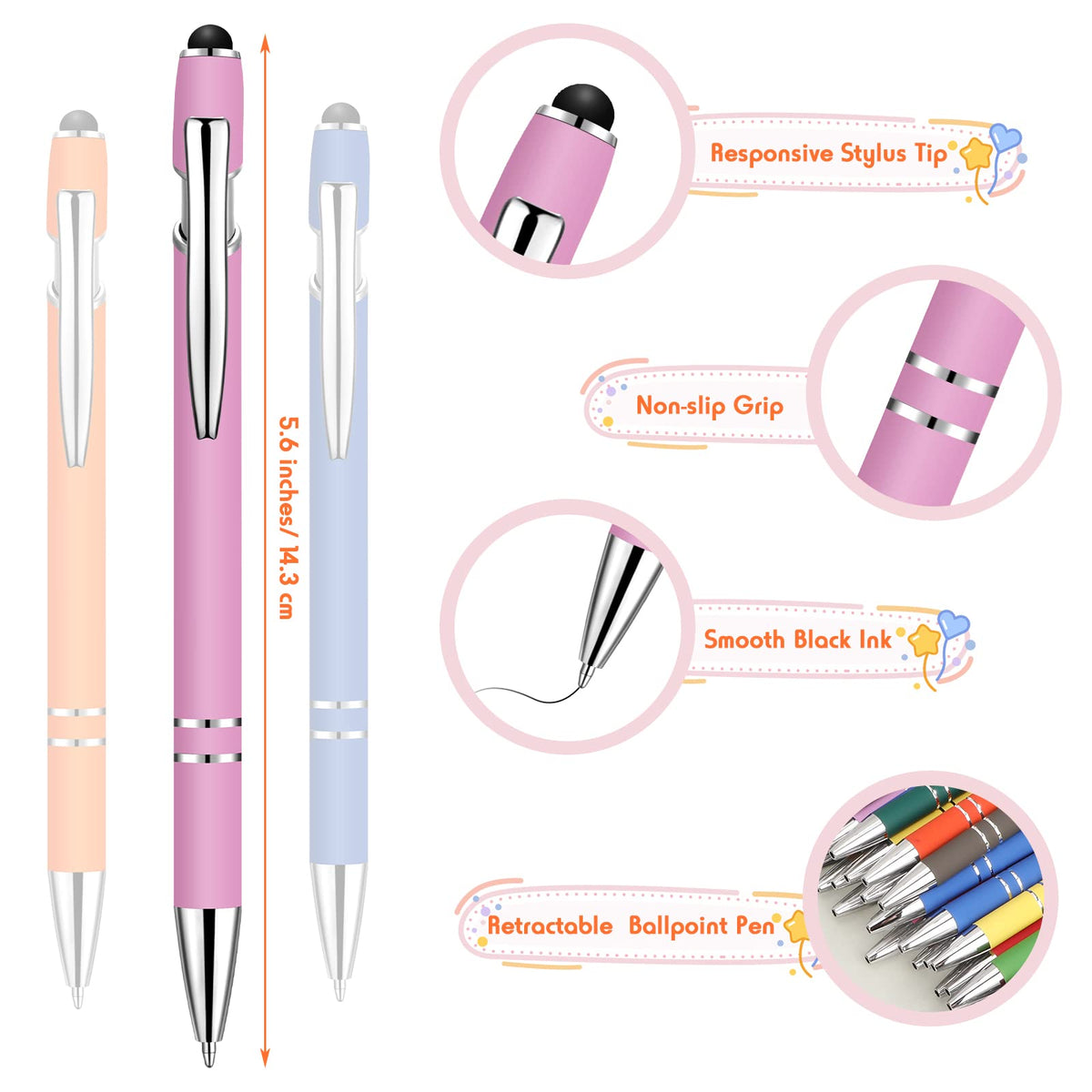 Yeaqee 100 Pieces Ballpoint Pen Bulk with Stylus Tip Click, Assorted Colors