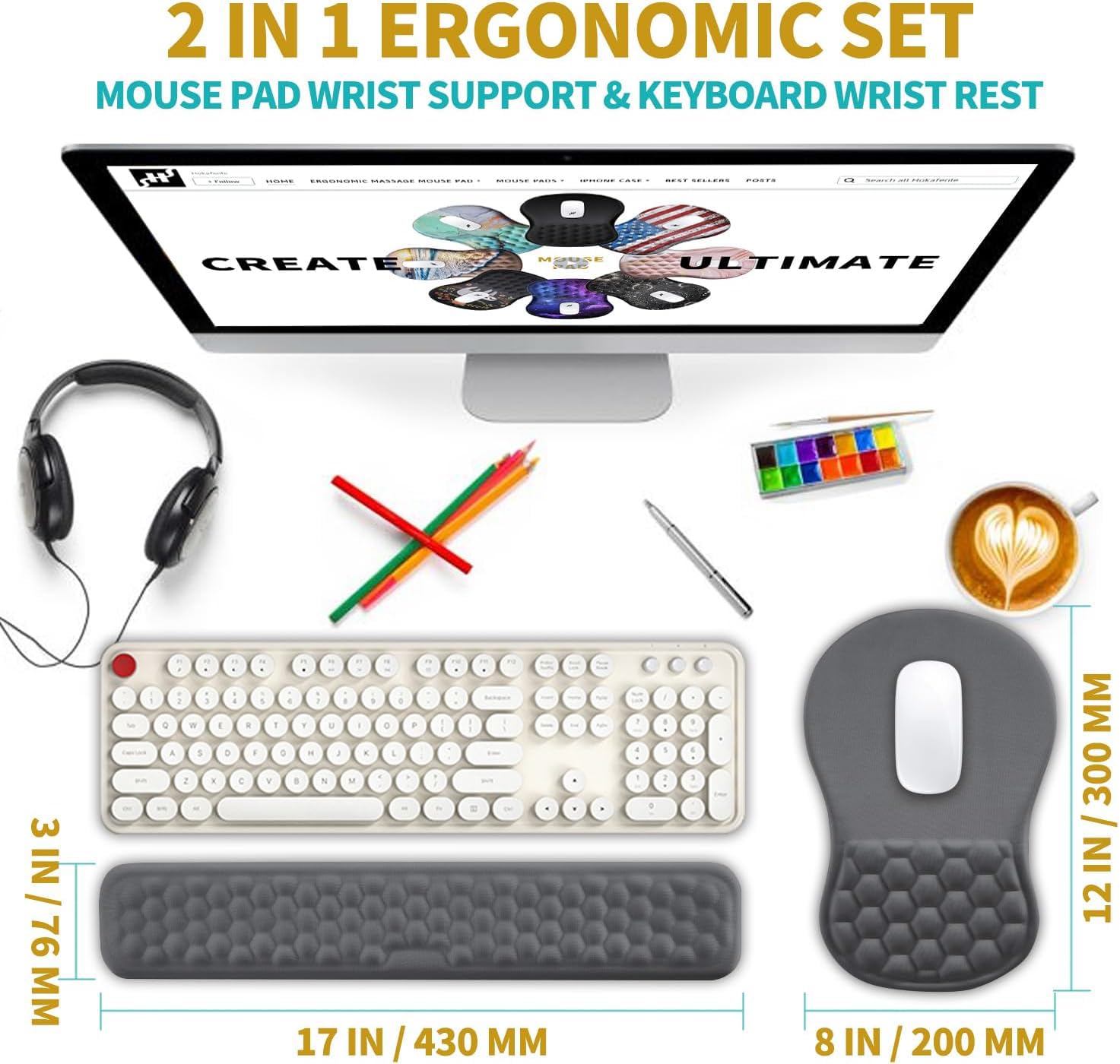 Hokafenle 2 in 1 Ergonomic Mouse Pad Wrist Support & Wrist Rest for Computer Keyboard Set, with