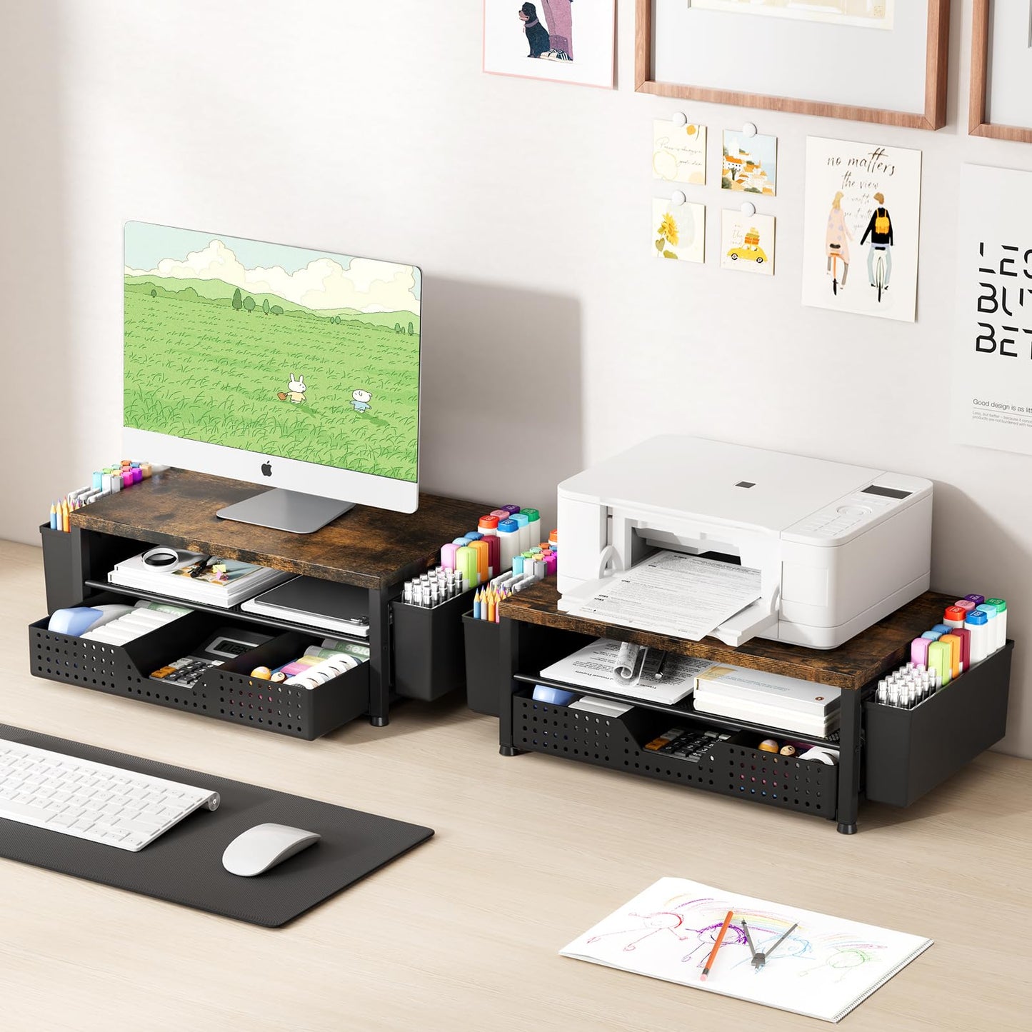 OPNICE Desk Organizers and Accessories, Computer Monitor Stand Riser with Drawer and 2 Pen Holders