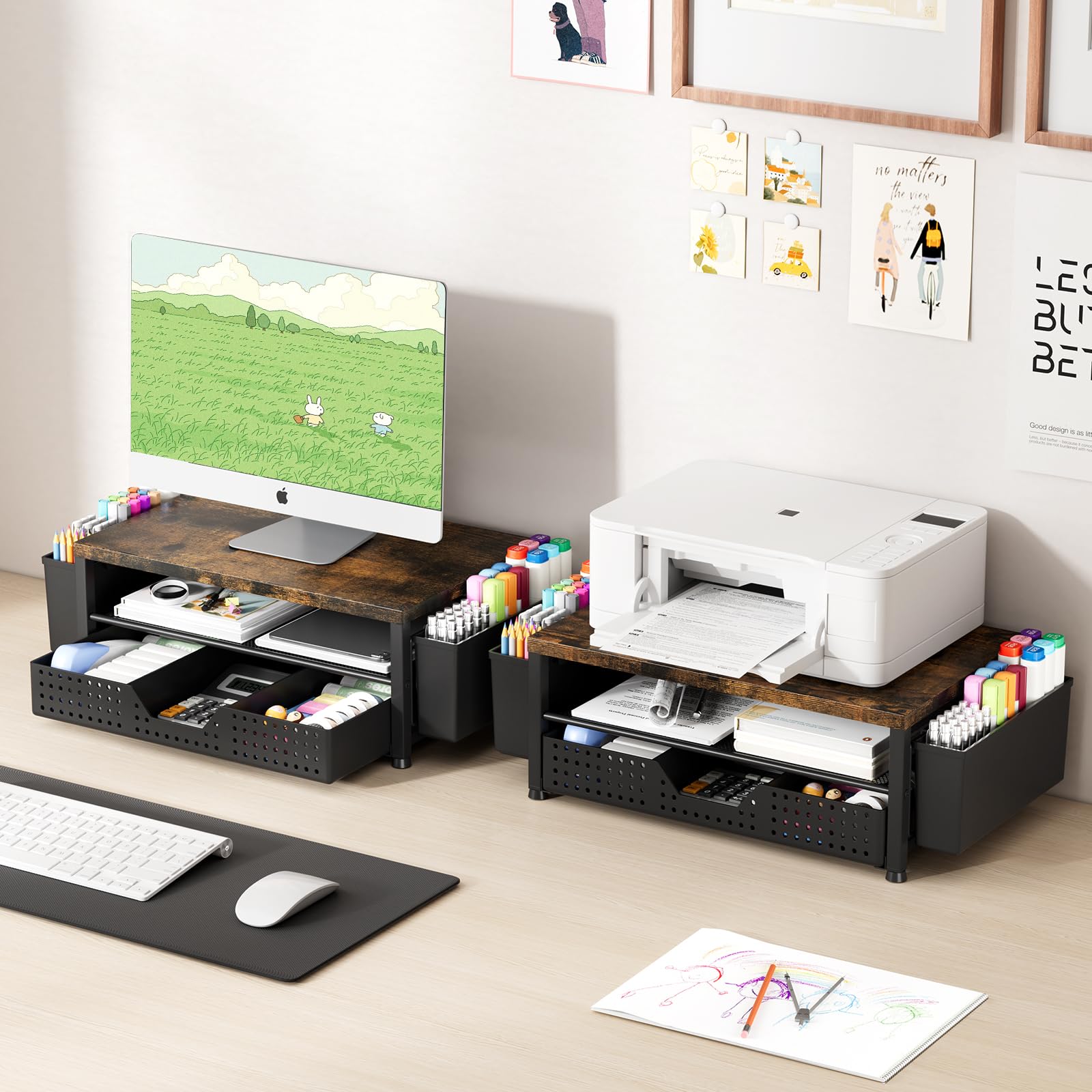 OPNICE Desk Organizers and Accessories, Computer Monitor Stand Riser with Drawer and 2 Pen Holders