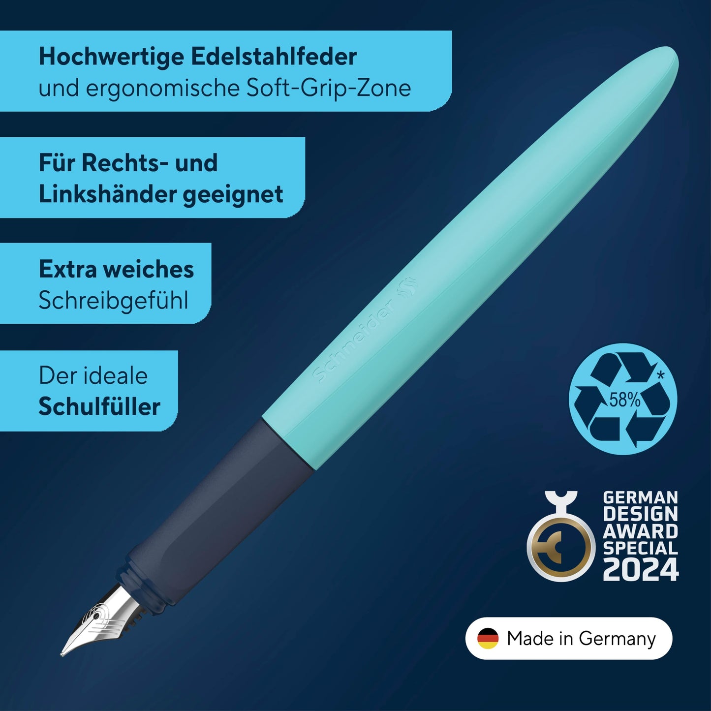 Schneider 162132 Wavy Fountain Pen (for Right and Left-Handed Users, with Beginner Nib) Turquoise