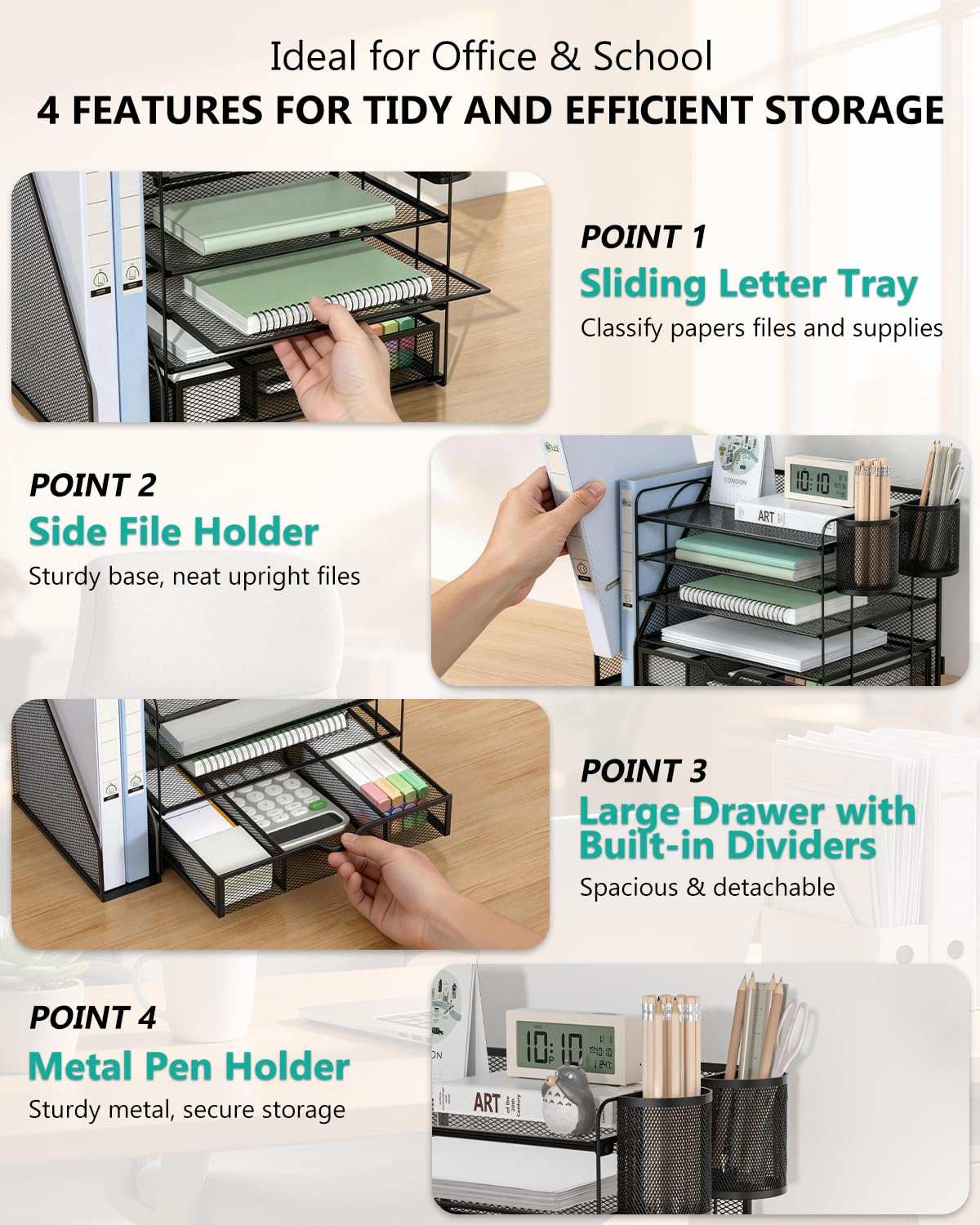 WALI Desk File Organizer, 5 Tier Desktop Paper Letter Tray Organizer with Drawer and 2 Pen Holders