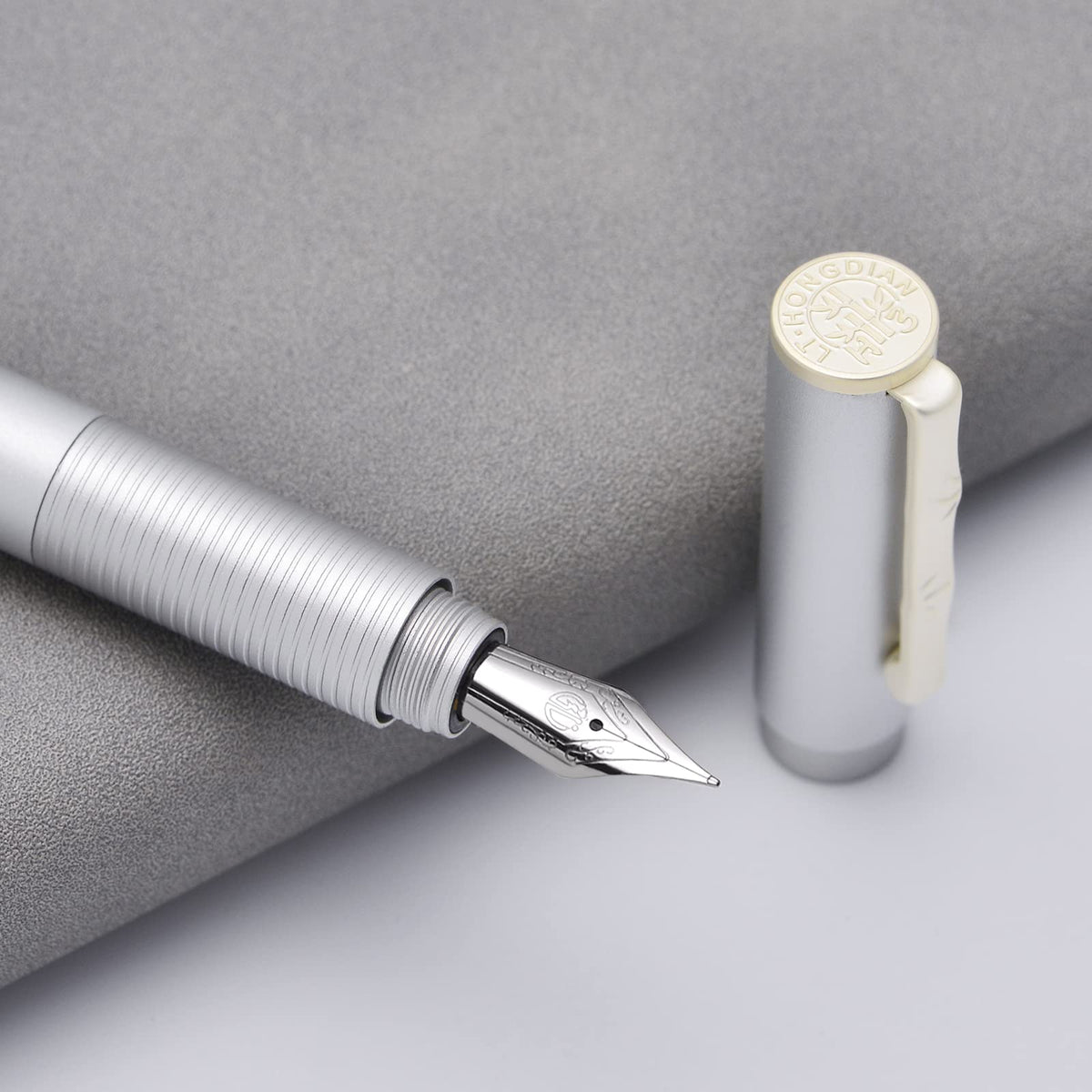Hongdian H3 Fountain Pen Fine Nib with Bamboo Pen Clip, Silver Aluminum Alloy Writing Pen