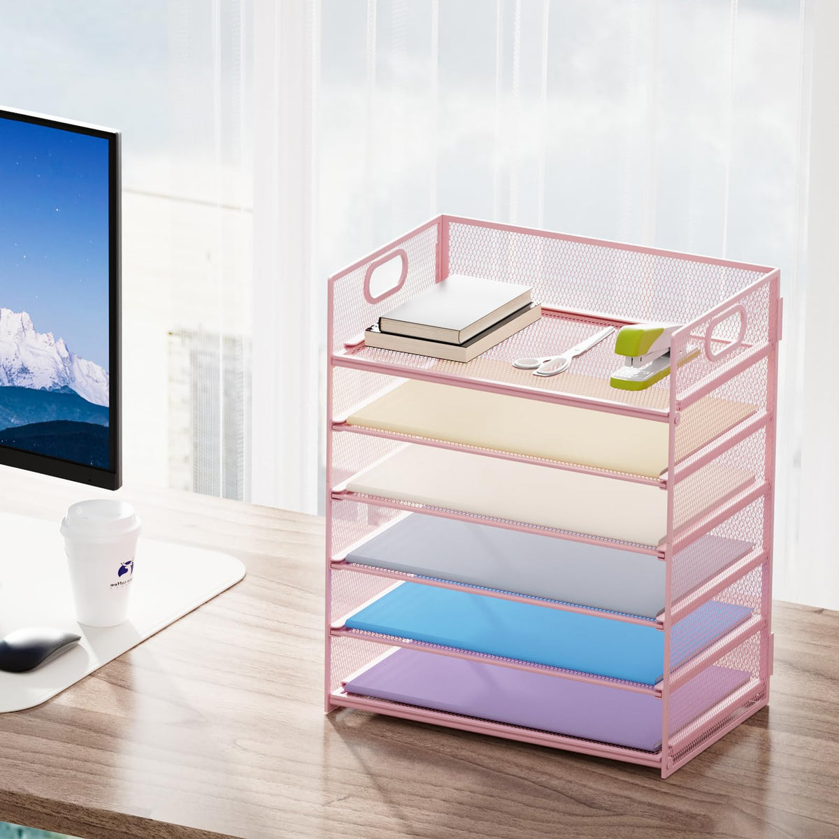 Marbrasse 6 Tier Paper Organizer Letter Tray - Mesh Desk File Organizer with Handle, Paper Sorter