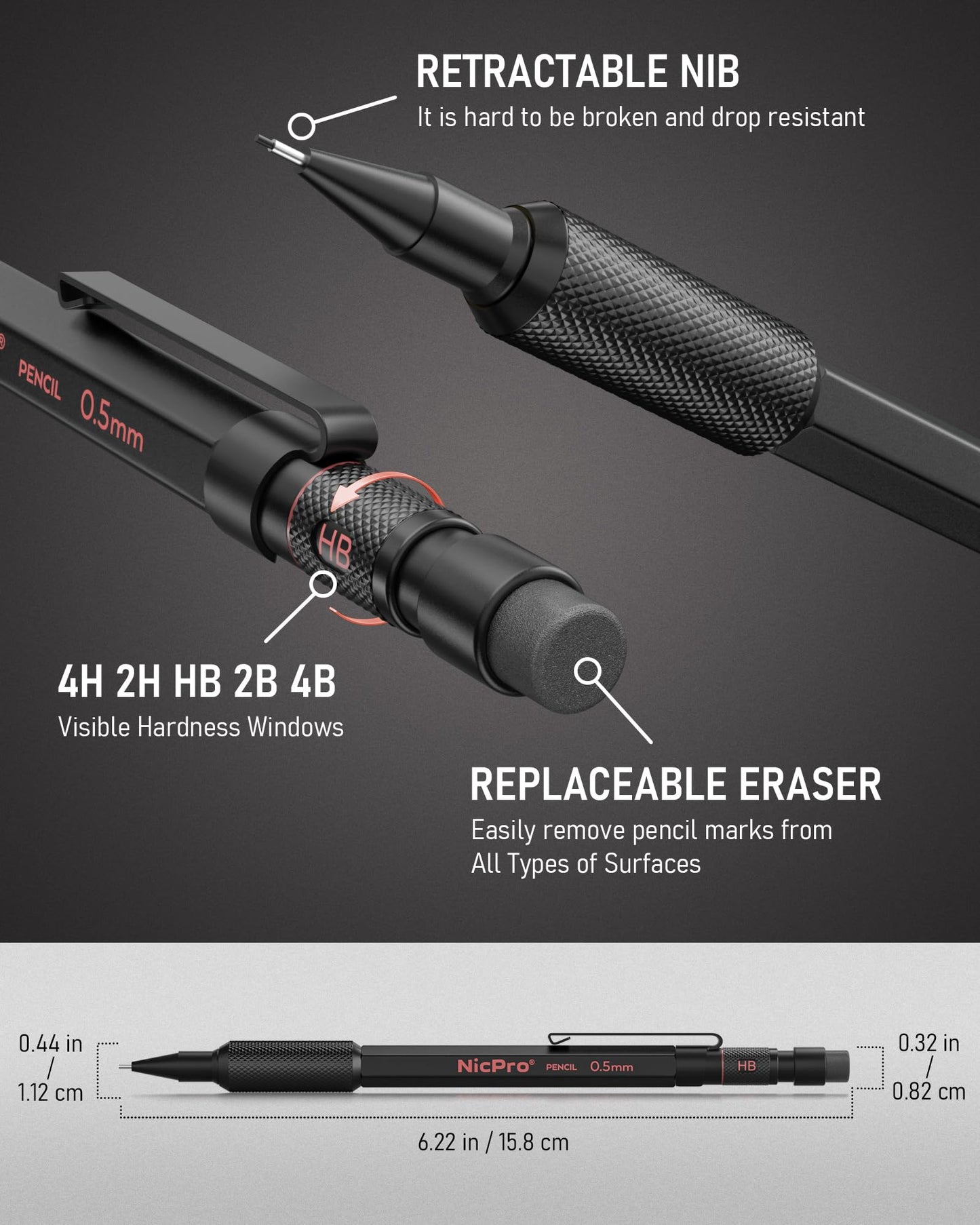 Nicpro 0.5 mm Mechanical Pencil Set with Case, 3PCS Metal Pencils